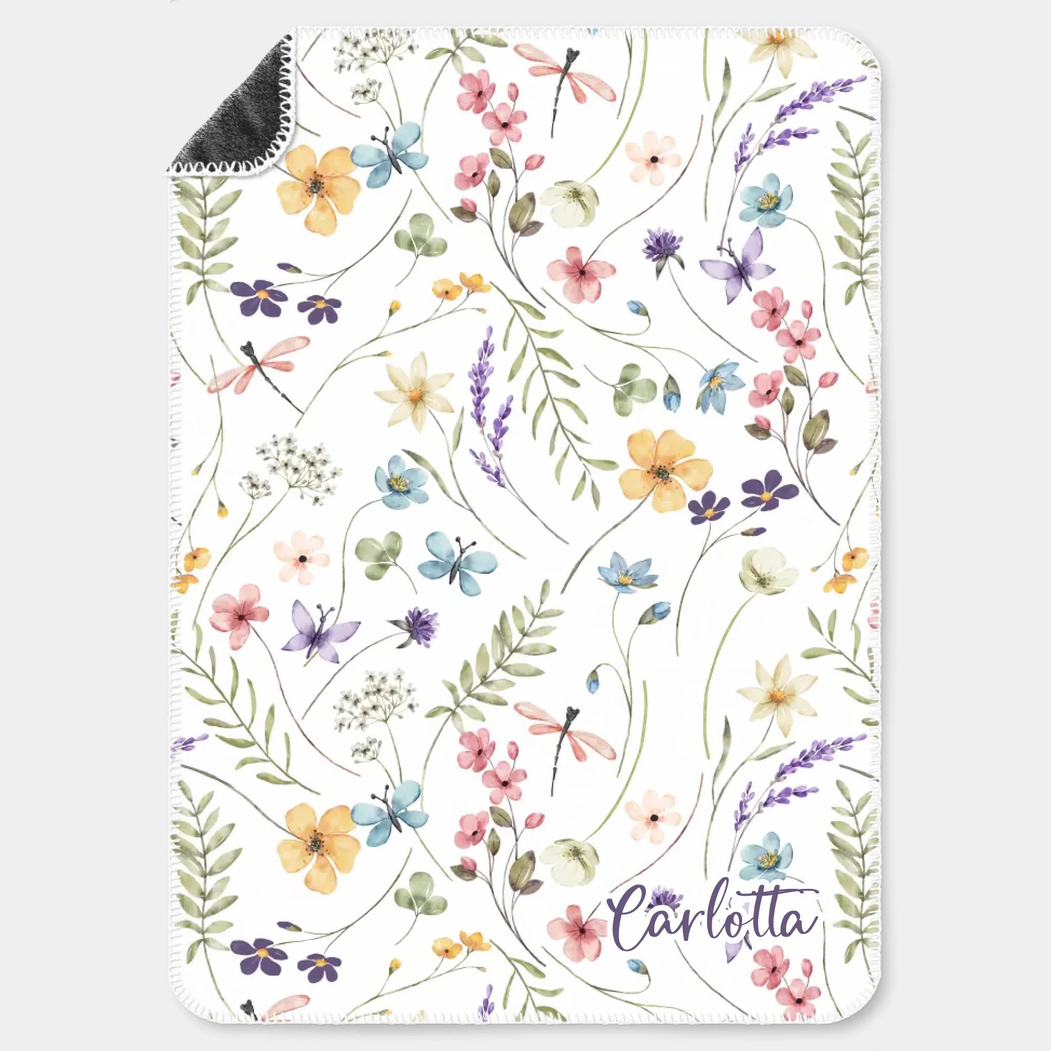 Kinderdecke Wildblumen bunt personalisiert, Namensdecke Premiumdecke weiß bedruckt 70 x 100 cm