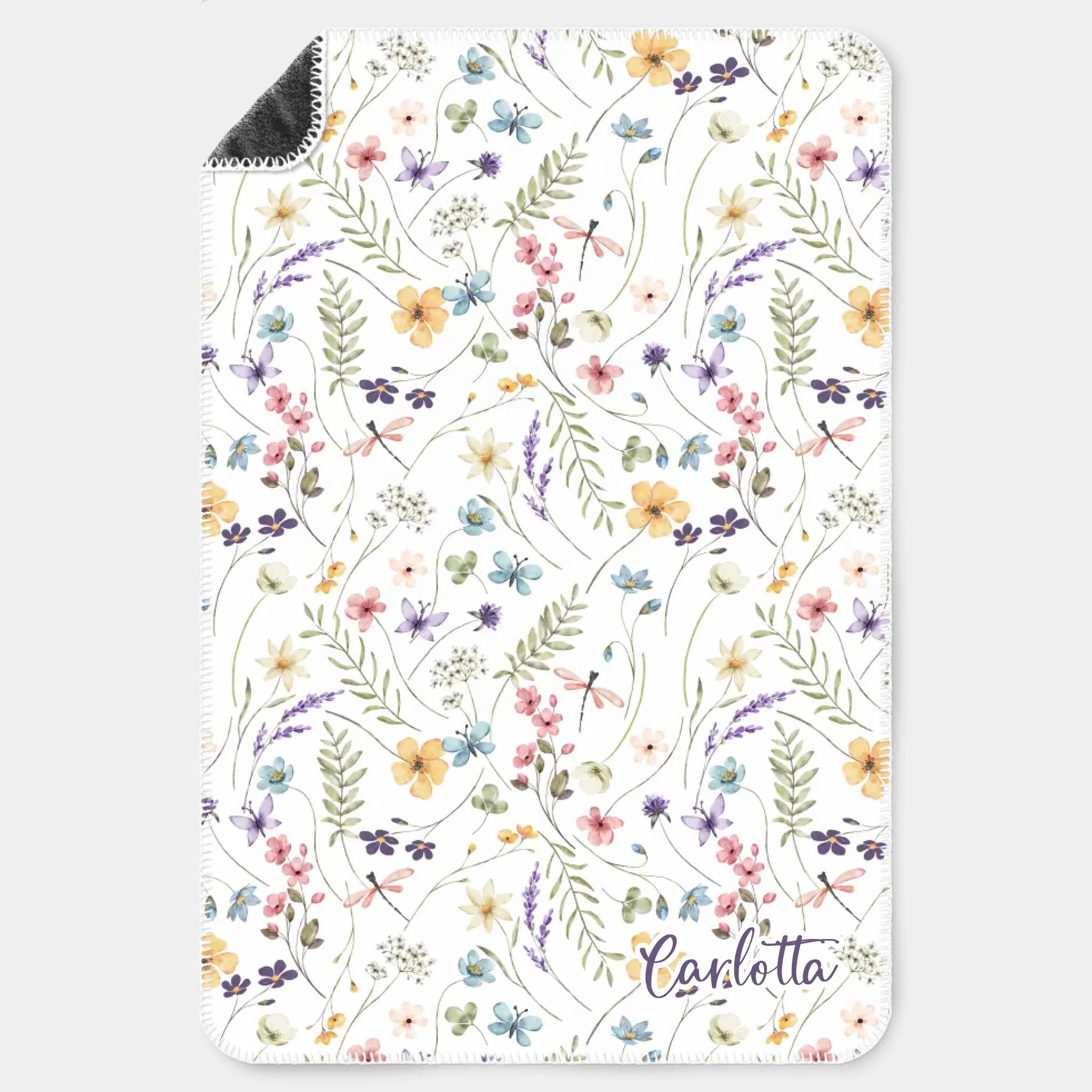 Kinderdecke Wildblumen bunt personalisiert, Namensdecke Premiumdecke weiß bedruckt 100 x 150 cm