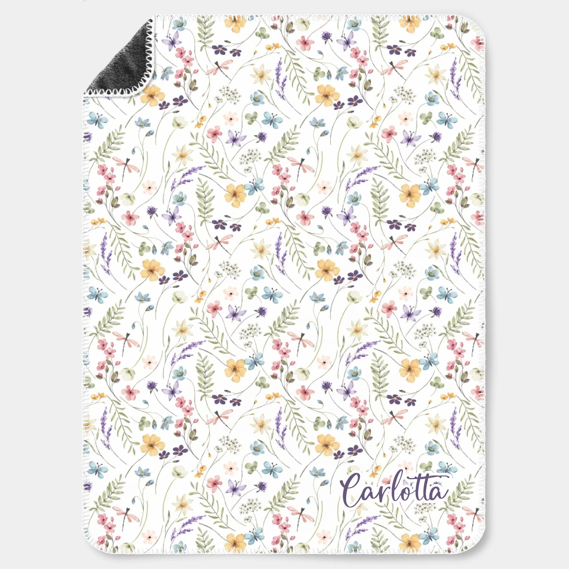 Kinderdecke Wildblumen bunt personalisiert, Namensdecke Premiumdecke weiß bedruckt 150 x 200 cm