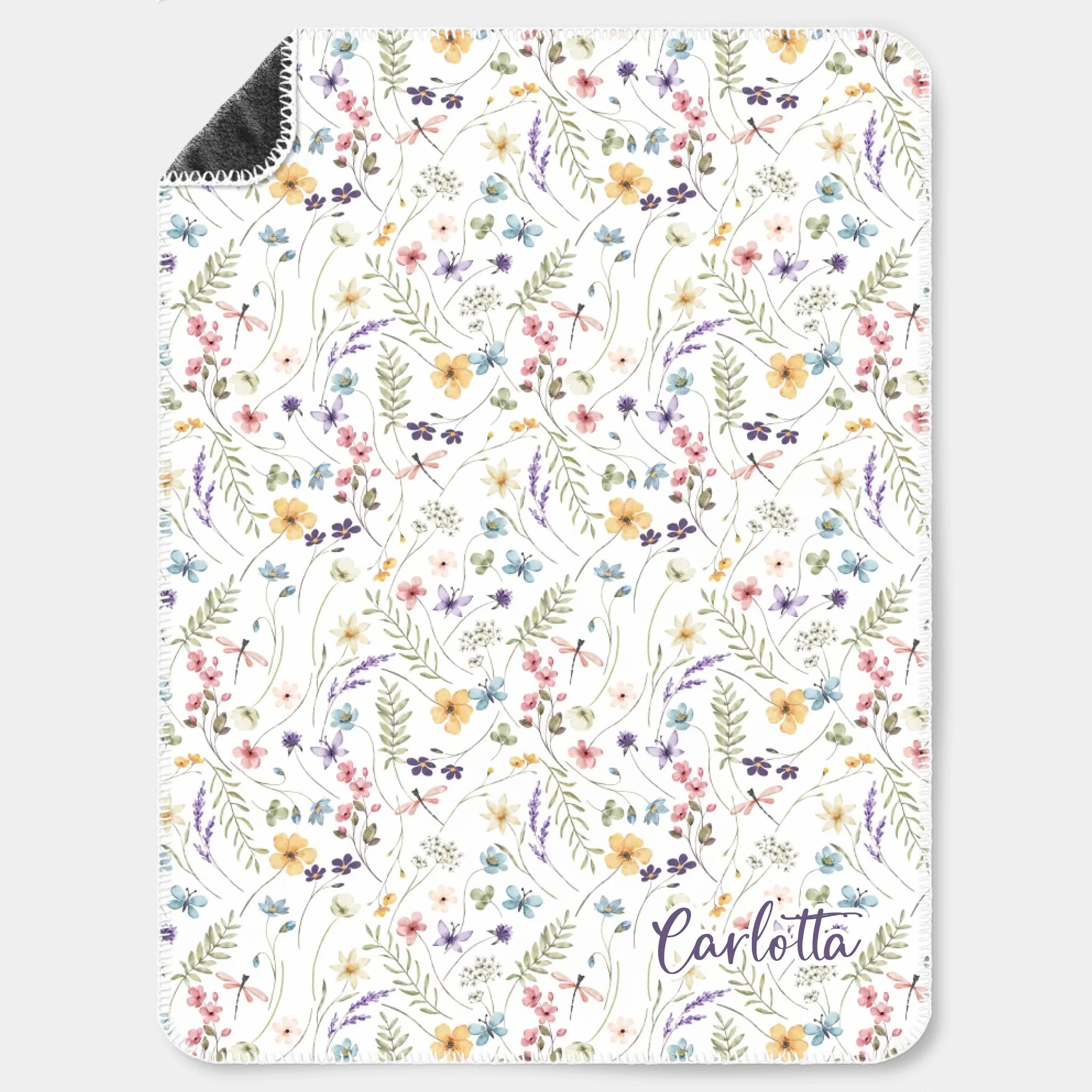 Kinderdecke Wildblumen bunt personalisiert, Namensdecke Premiumdecke weiß bedruckt 150 x 200 cm