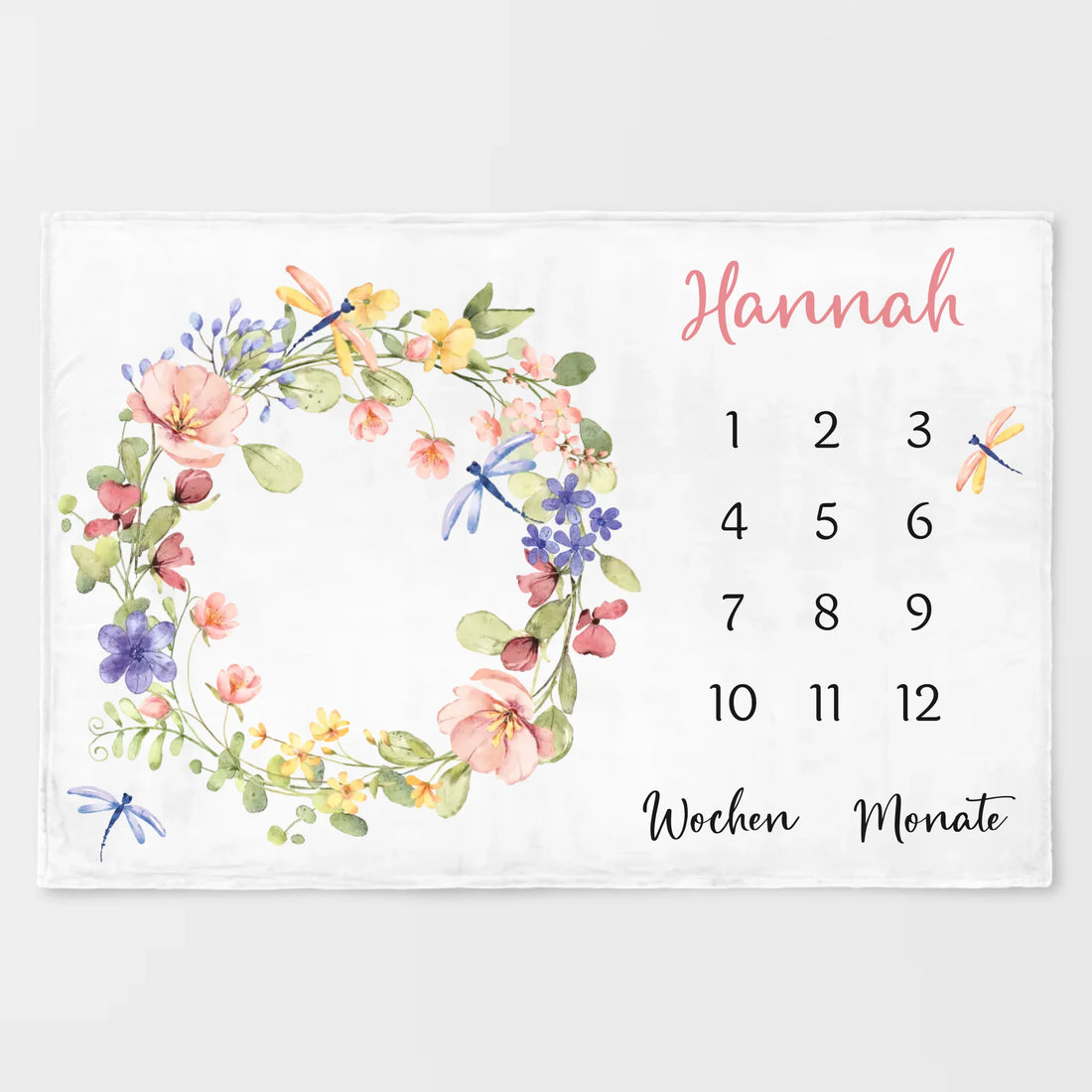 Meilensteindecke Wildblumen bunt personalisiert, Kinderdecke Meilensteindecke Standard weiß bedruckt 150 x 100 cm