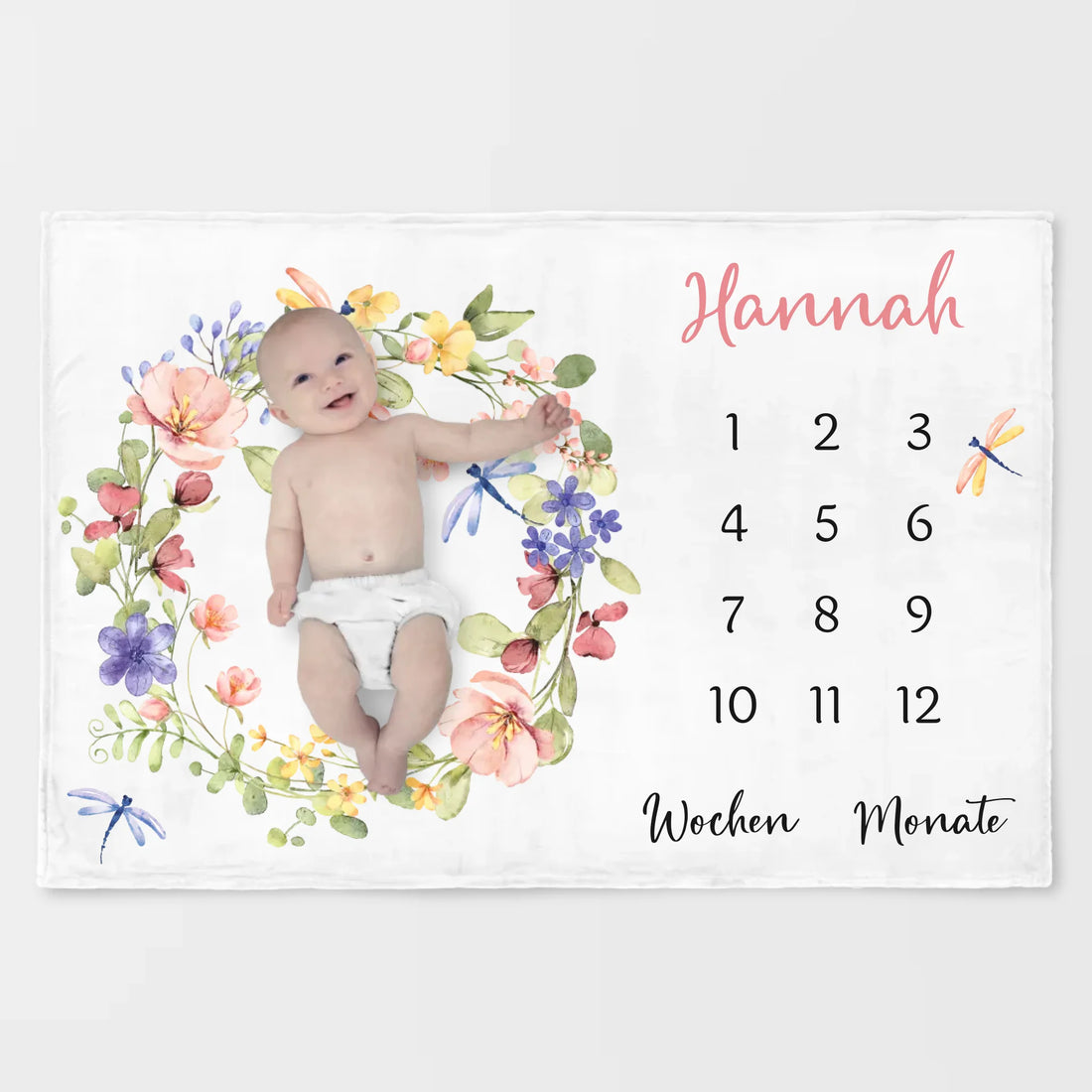Meilensteindecke Wildblumen bunt personalisiert, Kinderdecke Meilensteindecke Standard weiß bedruckt 150 x 100 cm