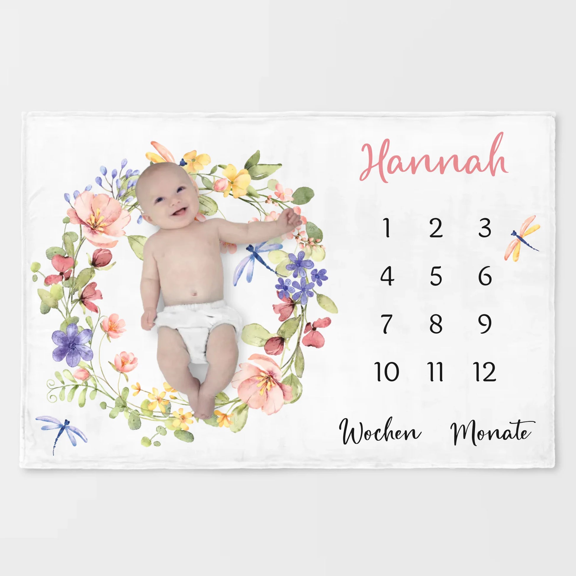 Meilensteindecke Wildblumen bunt personalisiert, Kinderdecke