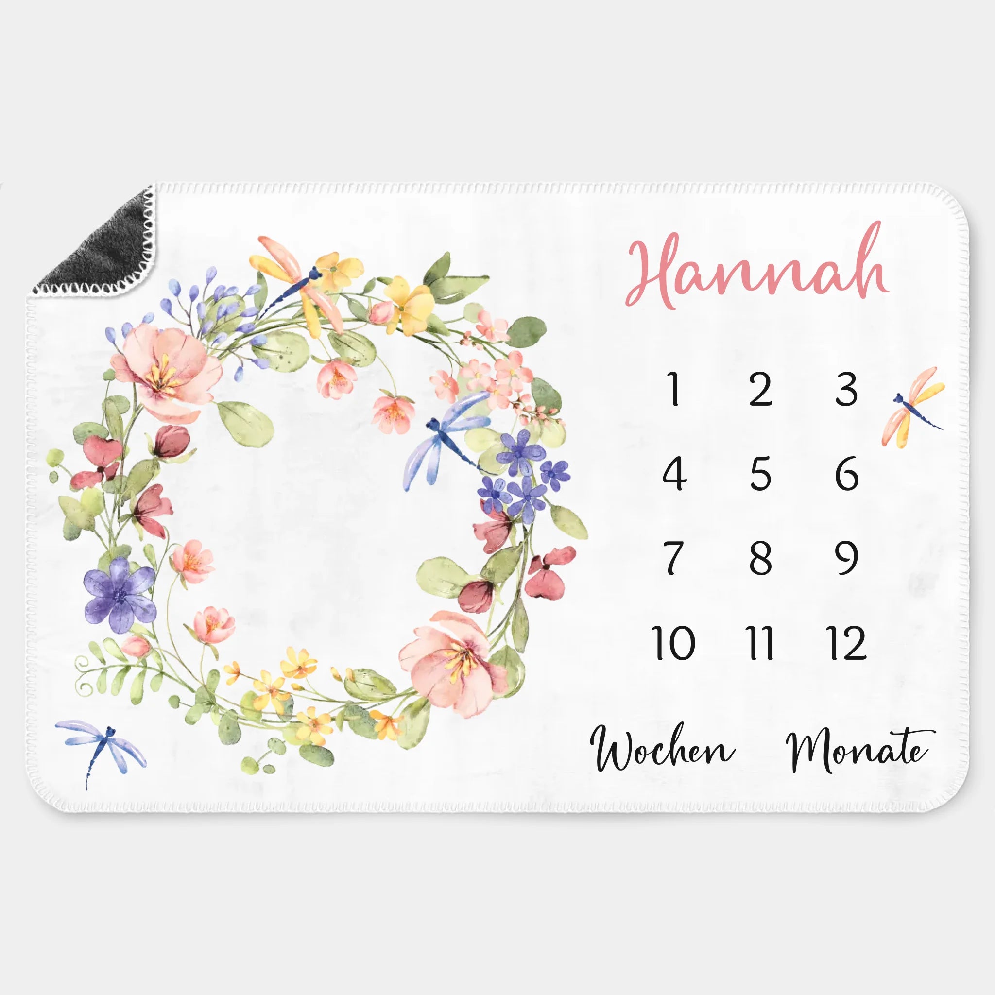 Meilensteindecke Wildblumen bunt personalisiert, Kinderdecke Meilensteindecke Premium weiß bedruckt 150 x 100 cm