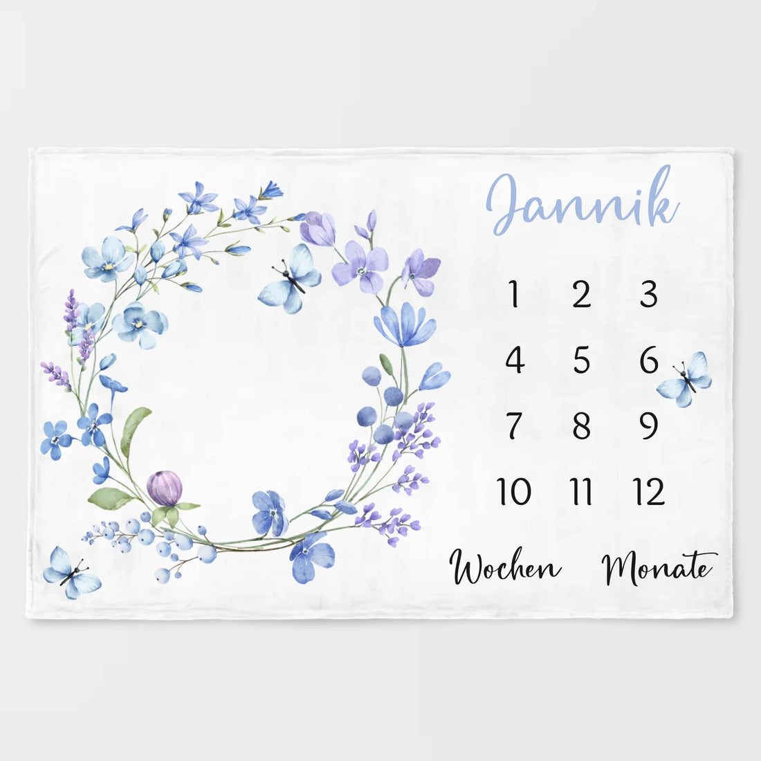 Meilensteindecke Wildblumen lila personalisiert, Kinderdecke Meilensteindecke Standard weiß bedruckt 150 x 100 cm