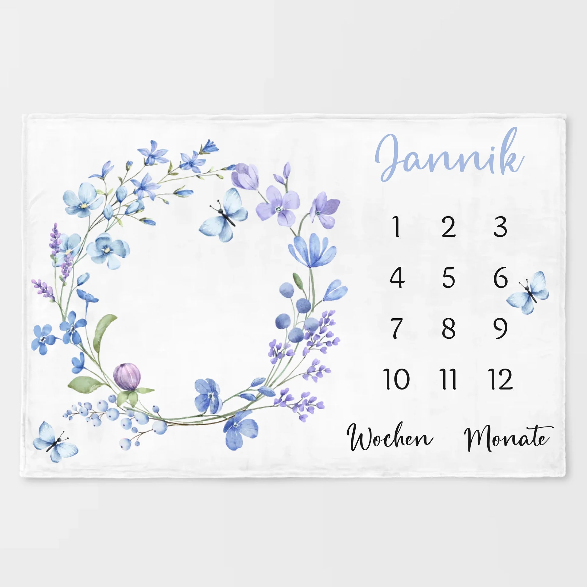 Meilensteindecke Wildblumen lila personalisiert, Kinderdecke Meilensteindecke Standard weiß bedruckt 150 x 100 cm