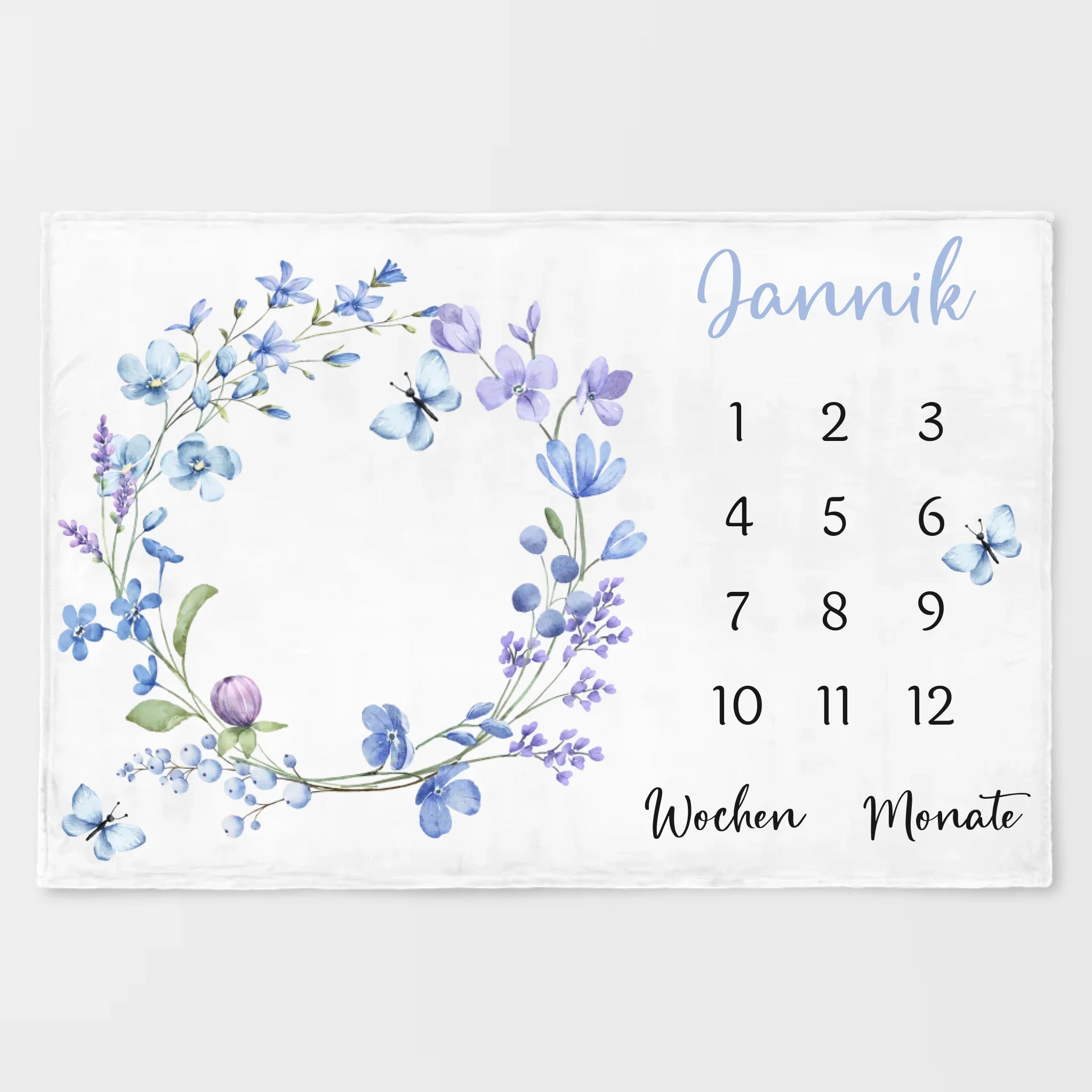 Meilensteindecke Wildblumen lila personalisiert, Kinderdecke Meilensteindecke Standard weiß bedruckt 150 x 100 cm