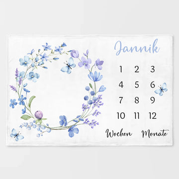 Meilensteindecke Wildblumen lila personalisiert, Kinderdecke Meilensteindecke Standard weiß bedruckt 150 x 100 cm