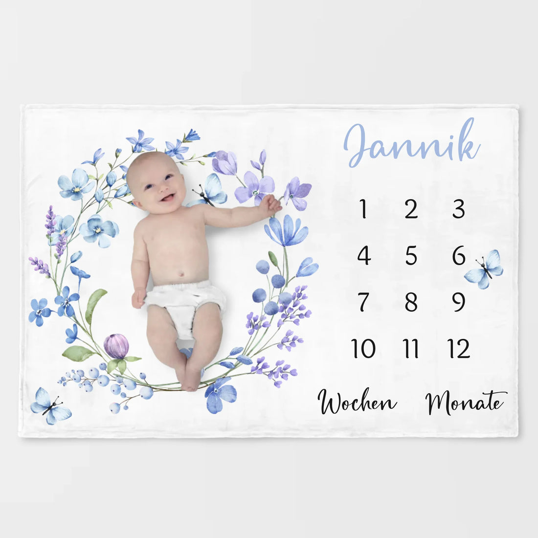 Meilensteindecke Wildblumen lila personalisiert, Kinderdecke Meilensteindecke Standard weiß bedruckt 150 x 100 cm