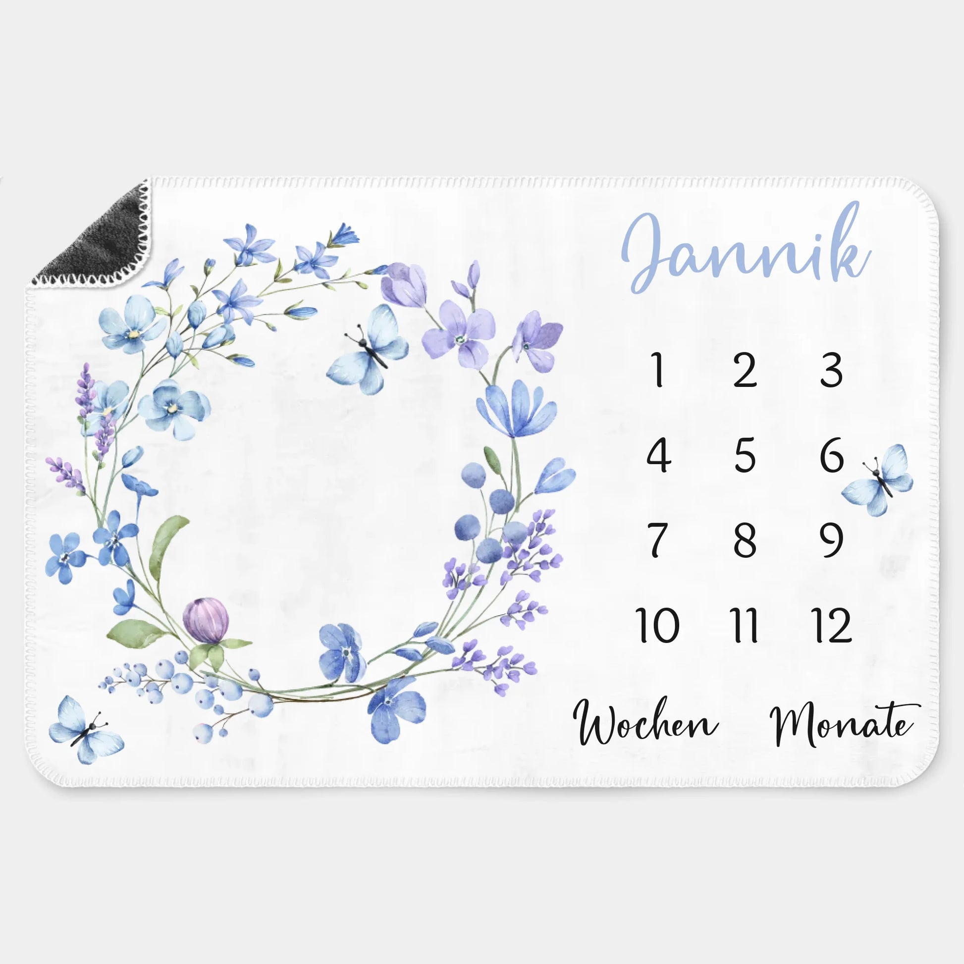 Meilensteindecke Wildblumen lila personalisiert, Kinderdecke Meilensteindecke Premium weiß bedruckt 150 x 100 cm