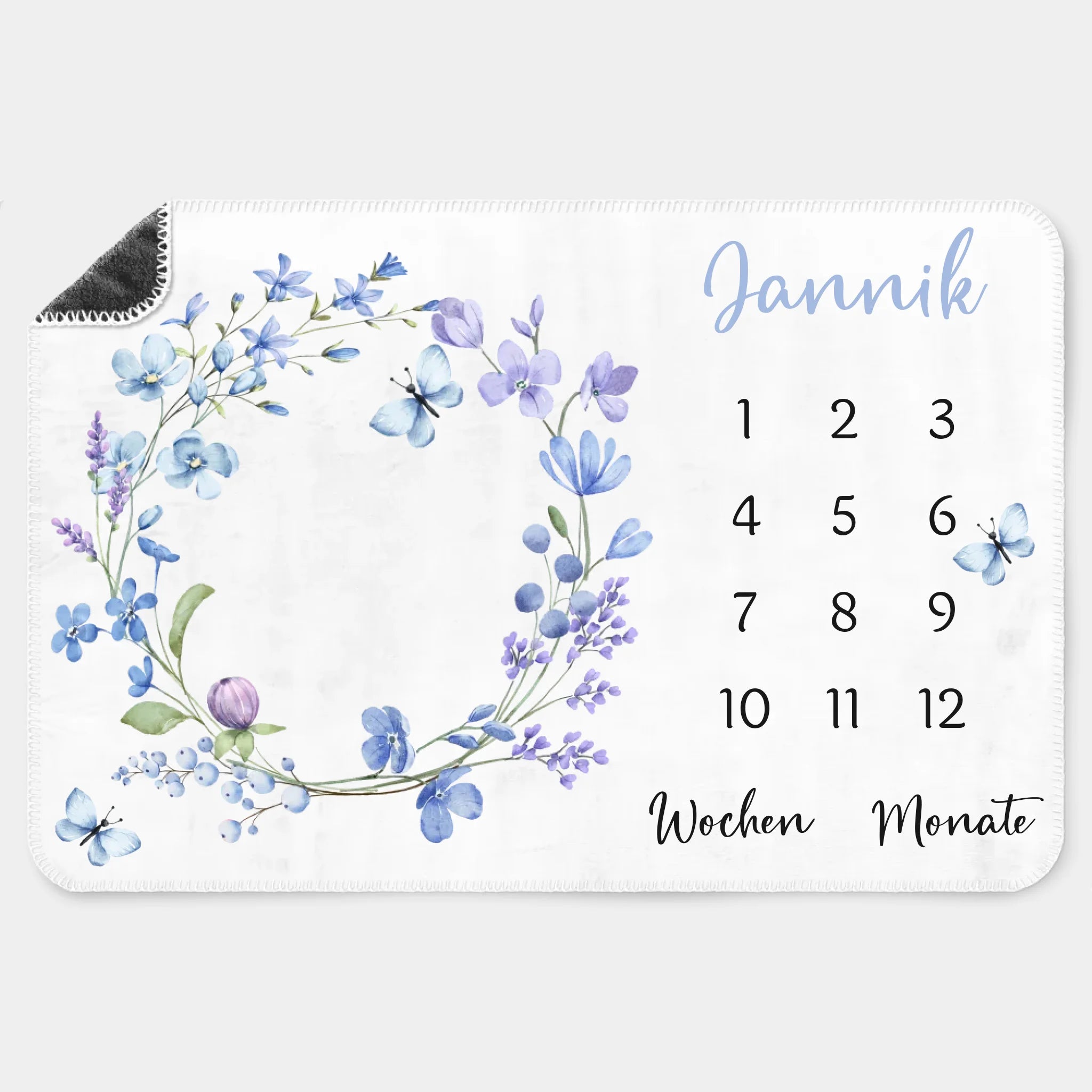 Meilensteindecke Wildblumen lila personalisiert, Kinderdecke Meilensteindecke Premium weiß bedruckt 150 x 100 cm