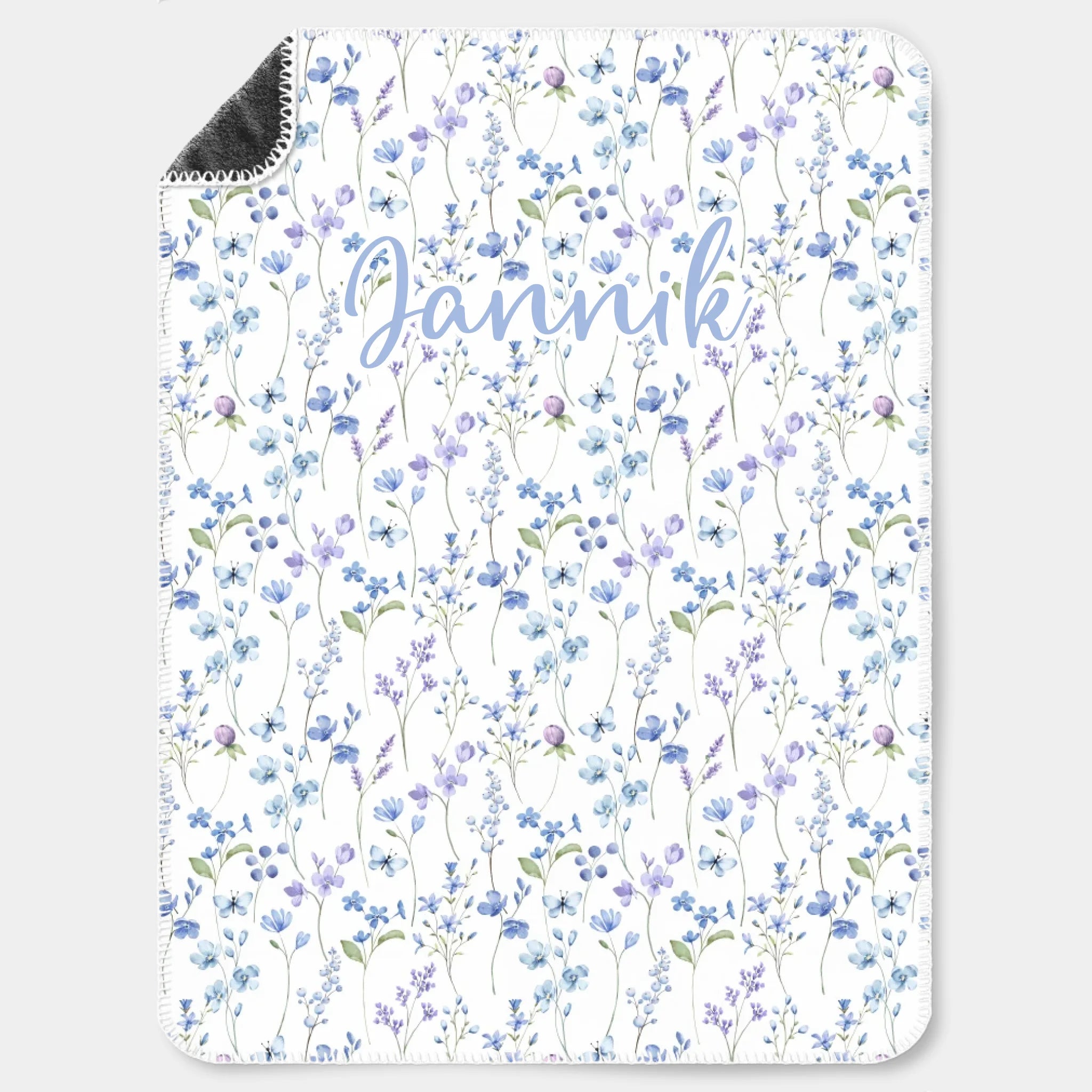Kinderdecke Wildblumen lila personalisiert, Namensdecke Premiumdecke weiß bedruckt 150 x 200 cm