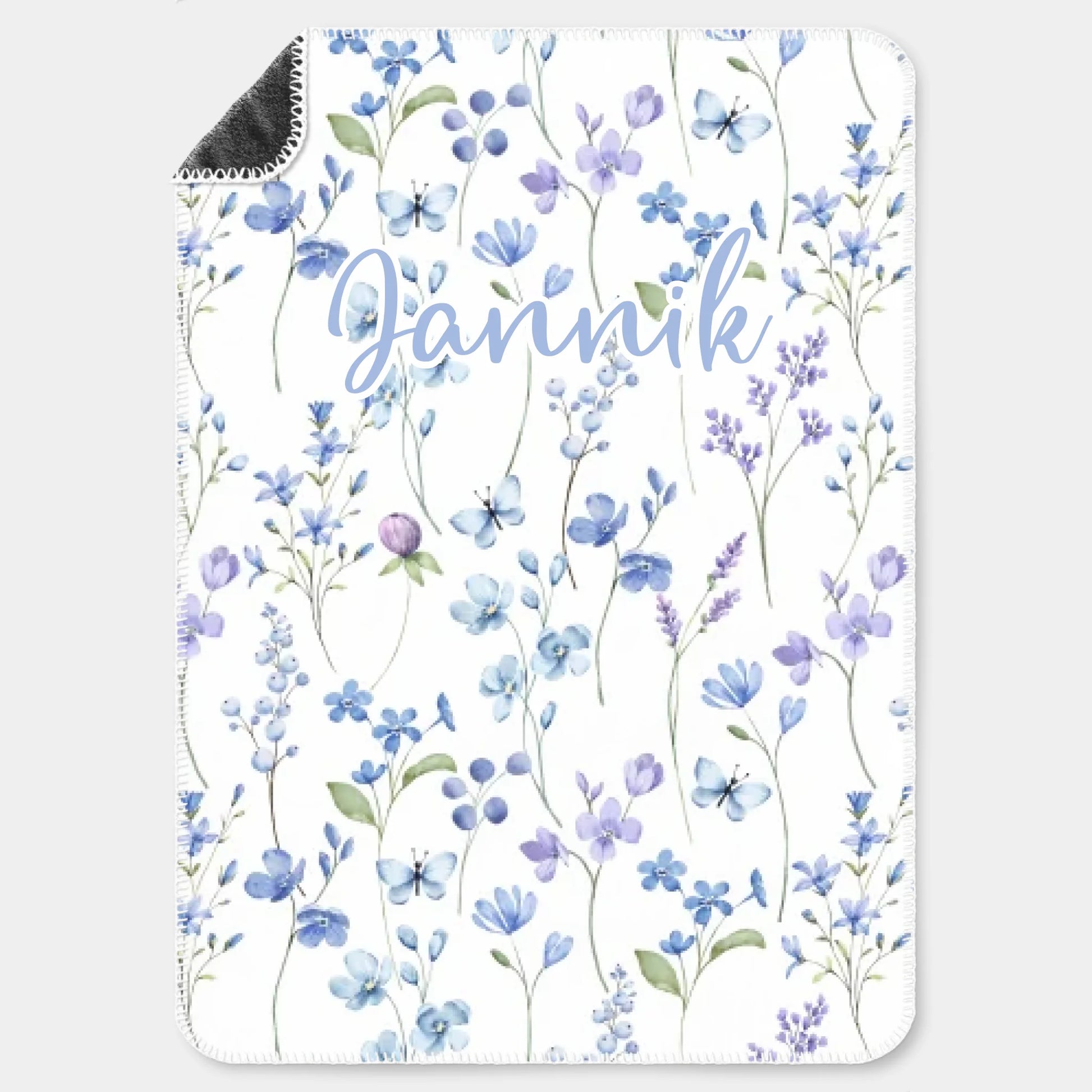 Kinderdecke Wildblumen lila personalisiert, Namensdecke Premiumdecke weiß bedruckt 70 x 100 cm