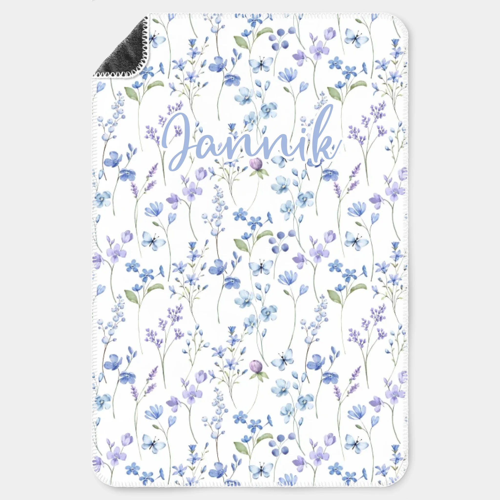 Kinderdecke Wildblumen lila personalisiert, Namensdecke Premiumdecke weiß bedruckt 100 x 150 cm