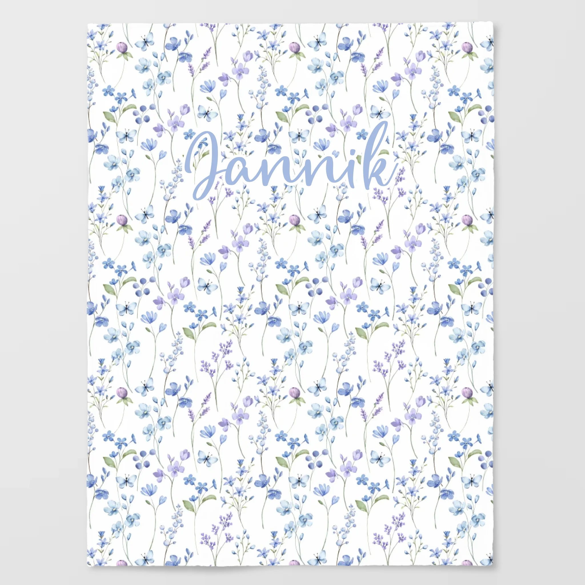 Kinderdecke Wildblumen lila personalisiert, Namensdecke Standarddecke weiß bedruckt 150 x 200 cm