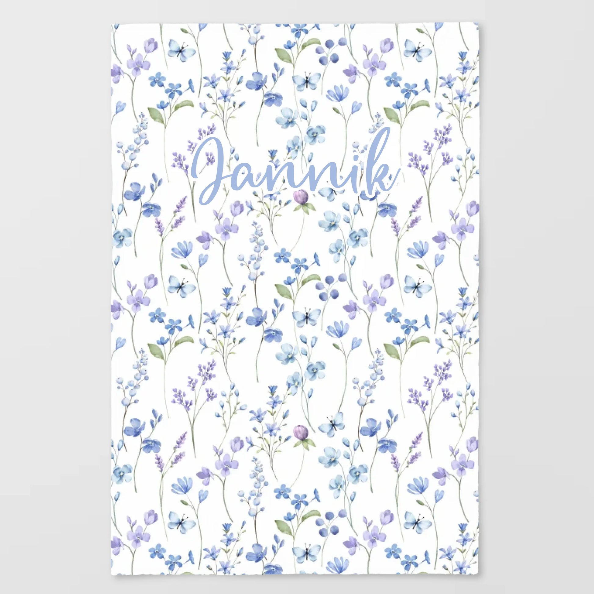 Kinderdecke Wildblumen lila personalisiert, Namensdecke Standarddecke weiß bedruckt 100 x 150 cm