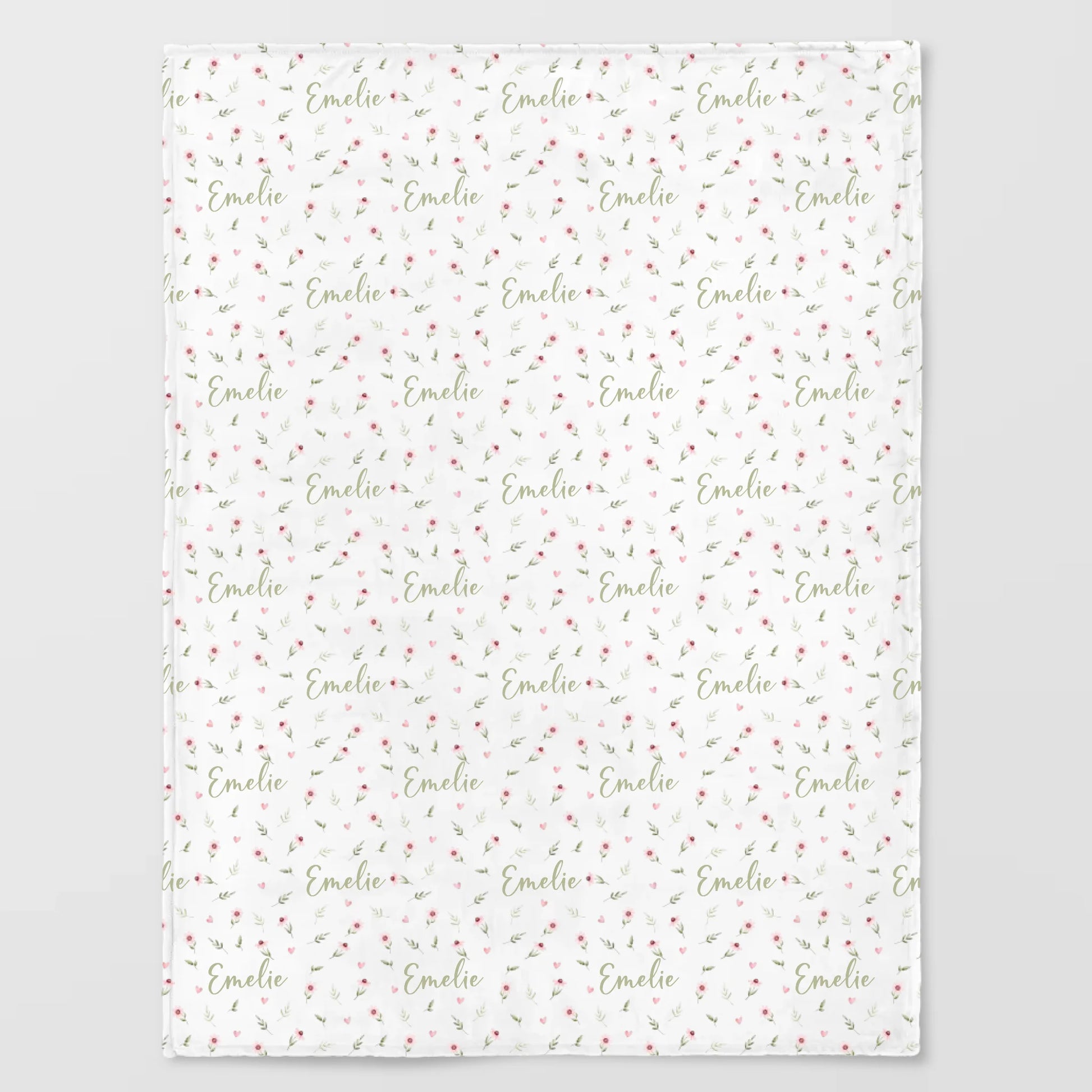 Kinderdecke Blumen und Herzen personalisiert, Namensdecke Standarddecke weiß bedruckt 150 x 200 cm