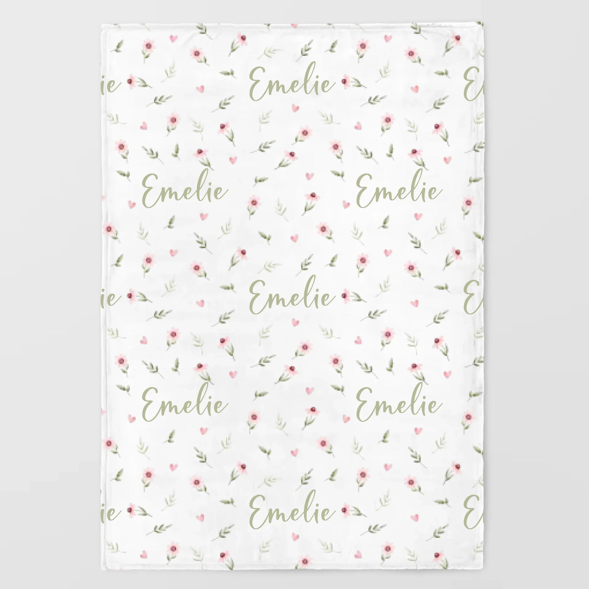 Kinderdecke Blumen und Herzen personalisiert, Namensdecke Standarddecke weiß bedruckt 70 x 100 cm