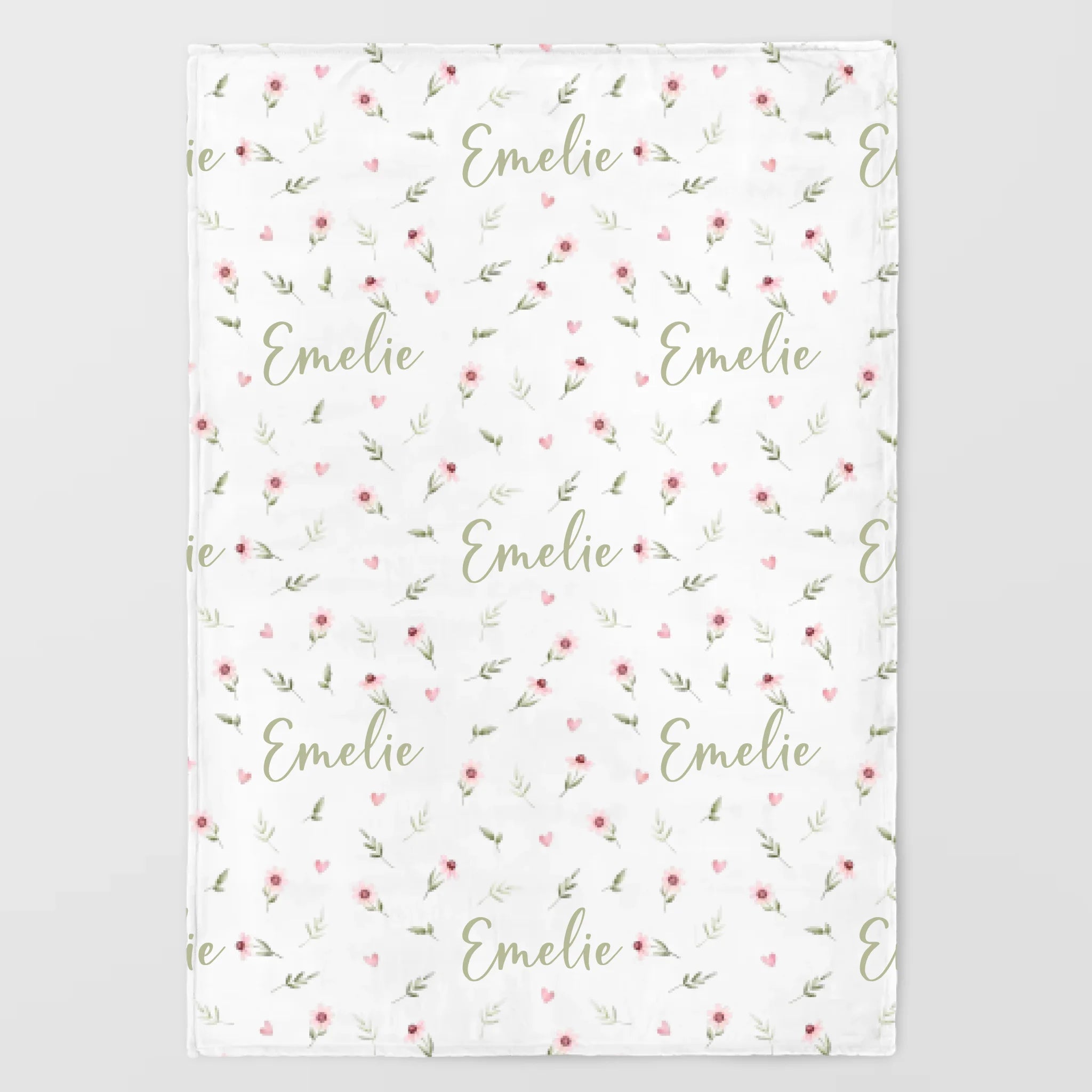 Kinderdecke Blumen und Herzen personalisiert, Namensdecke Standarddecke weiß bedruckt 70 x 100 cm
