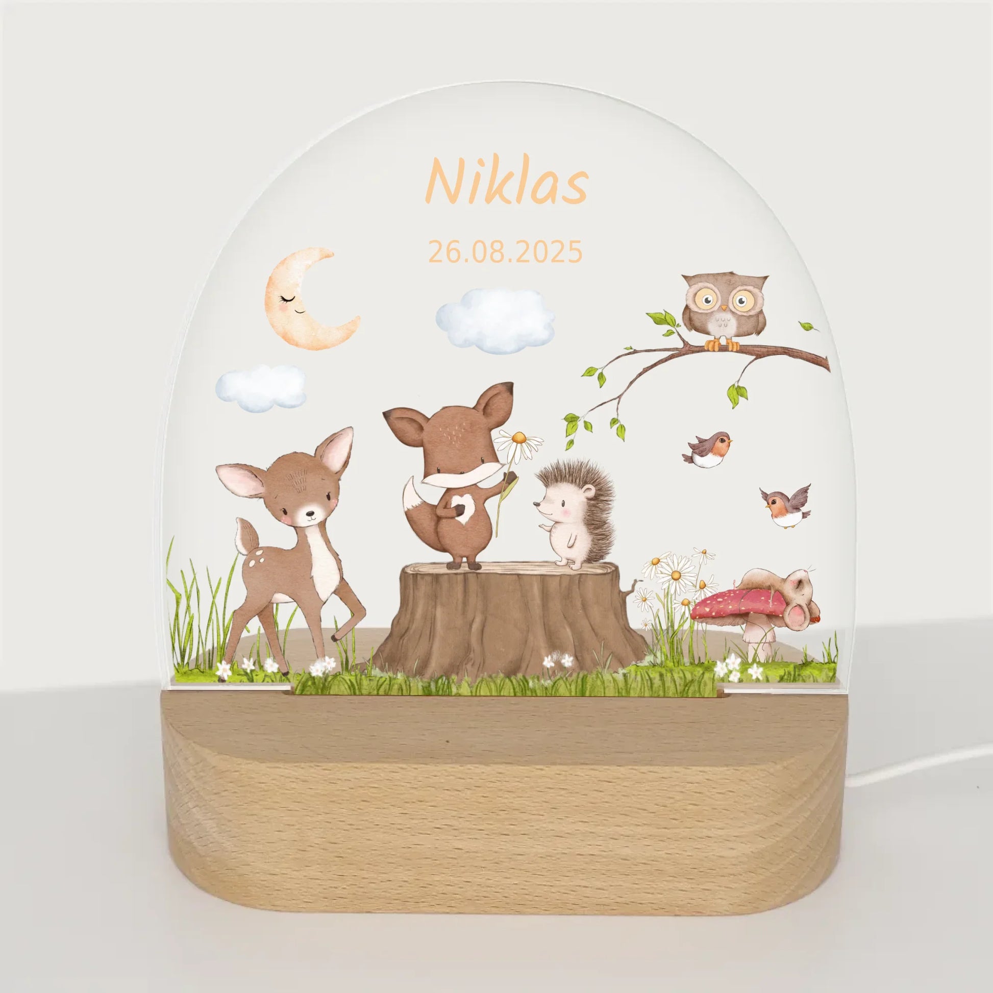 Nachtlicht Waldtiere personalisiert Nachtlicht oval mit Holzständer und LED-Licht BxHxT ca. 14,5 x 16 x 6 cm 4 mm Acrylglas & Buchenholzständer