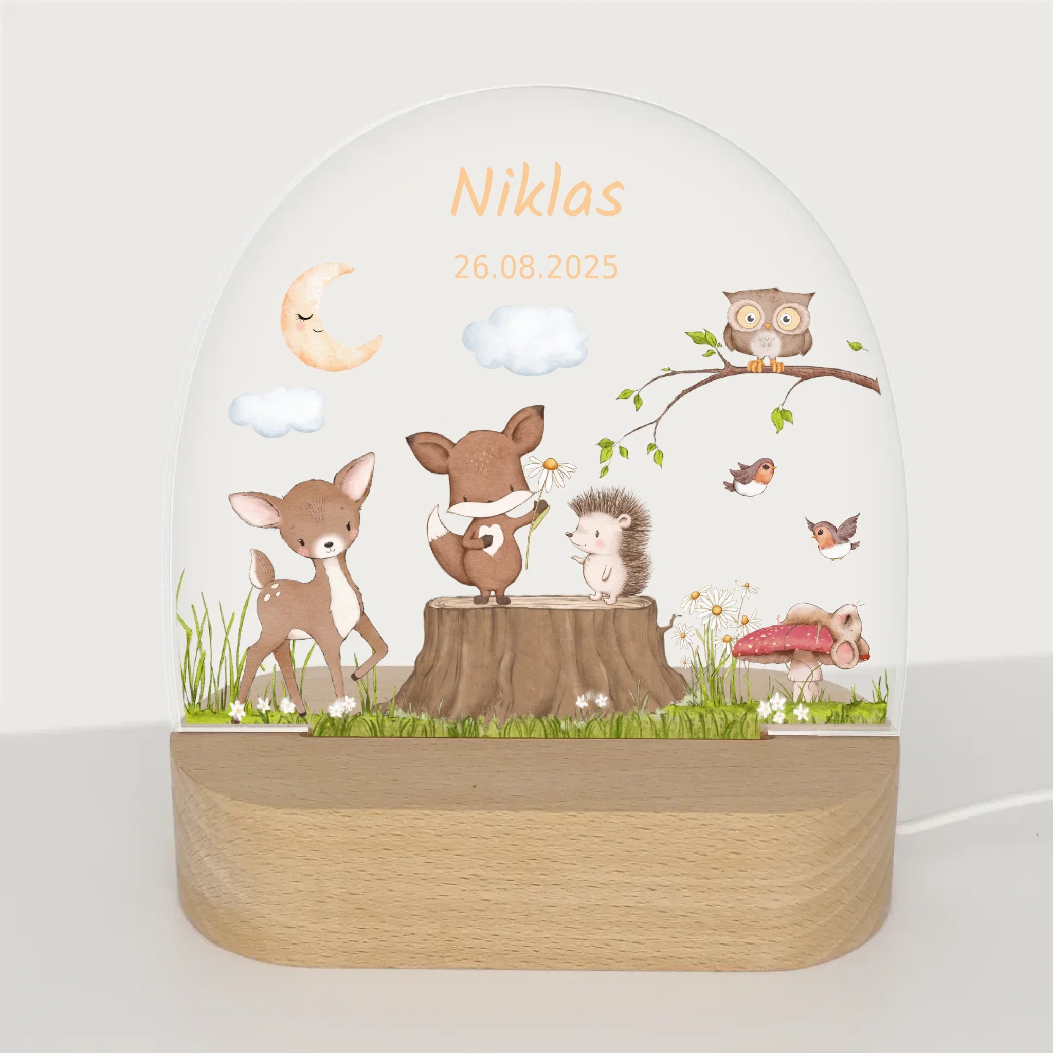 Nachtlicht Waldtiere personalisiert Nachtlicht oval mit Holzständer und LED-Licht BxHxT ca. 14,5 x 16 x 6 cm 4 mm Acrylglas & Buchenholzständer