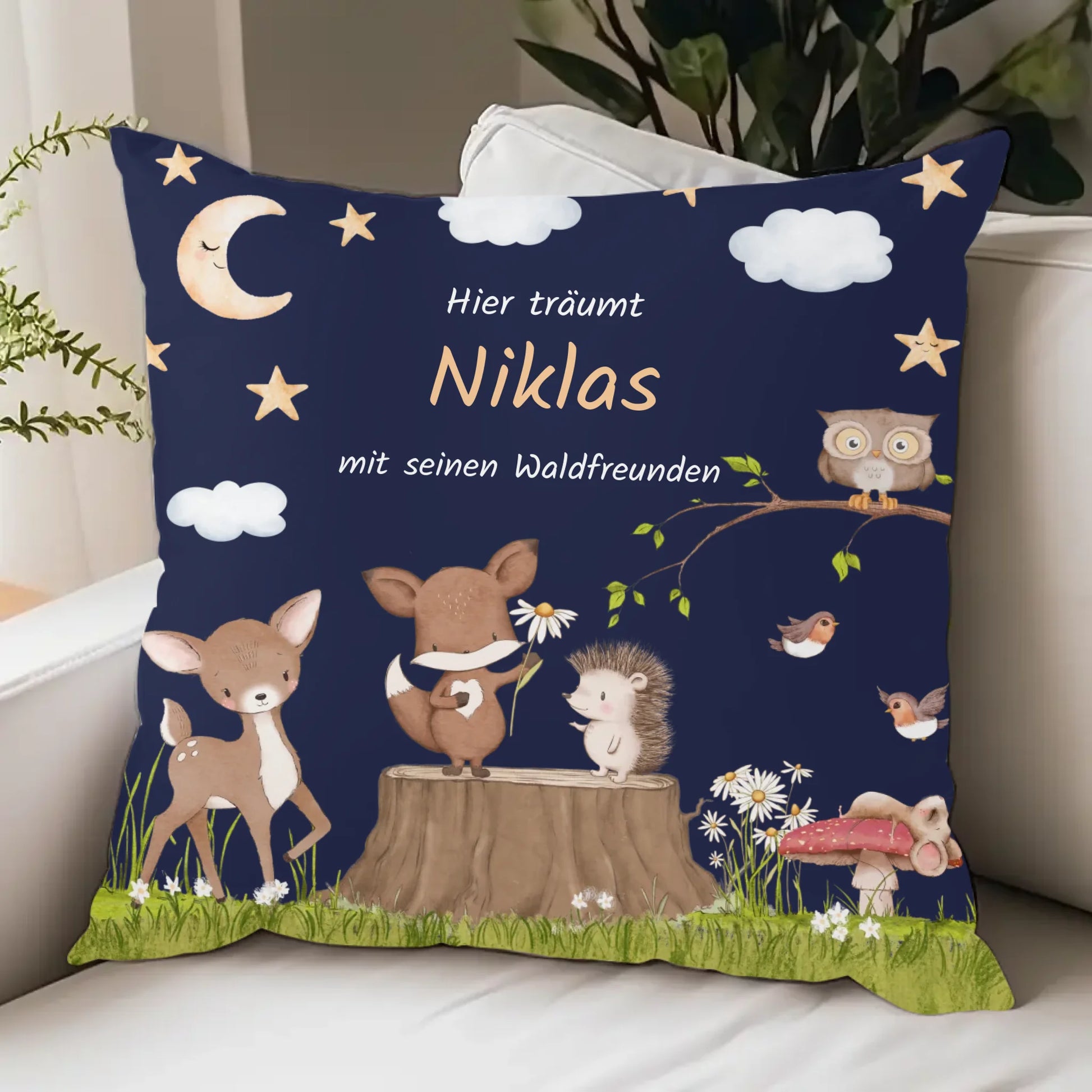 Namenskissen Waldtiere Nacht personalisiert, Kinderkissen Kissen - Jersey Jersey