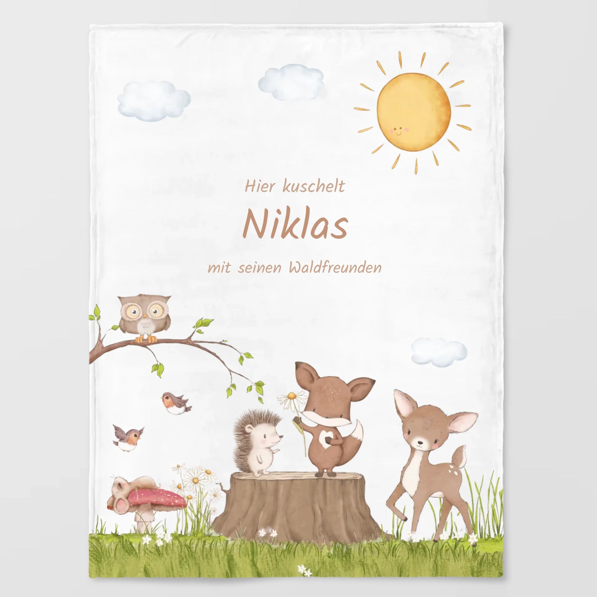 Kinderdecke Waldtiere personalisiert, Namensdecke Standarddecke weiß bedruckt 150 x 200 cm
