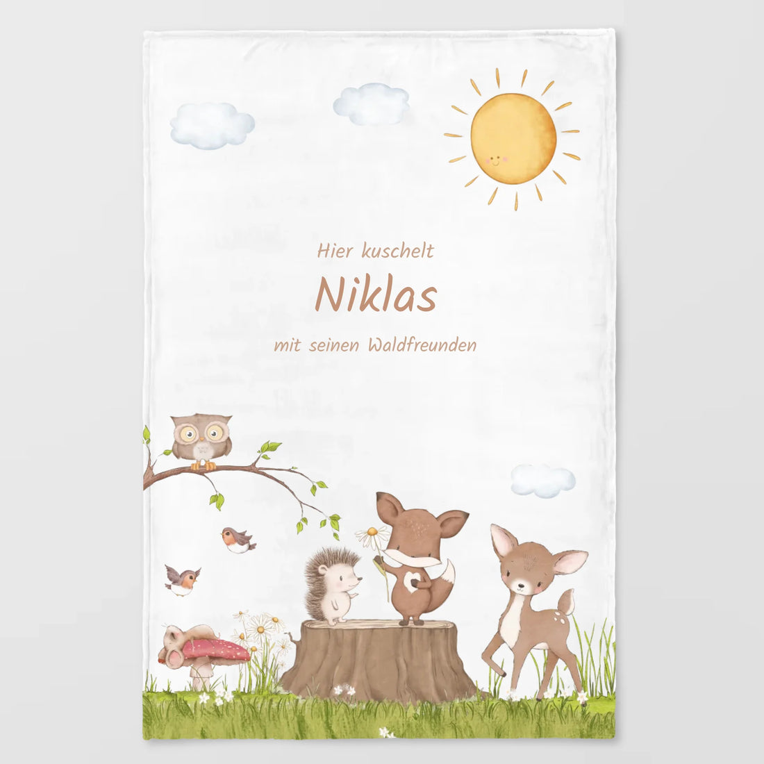 Kinderdecke Waldtiere personalisiert, Namensdecke Standarddecke weiß bedruckt 70 x 100 cm