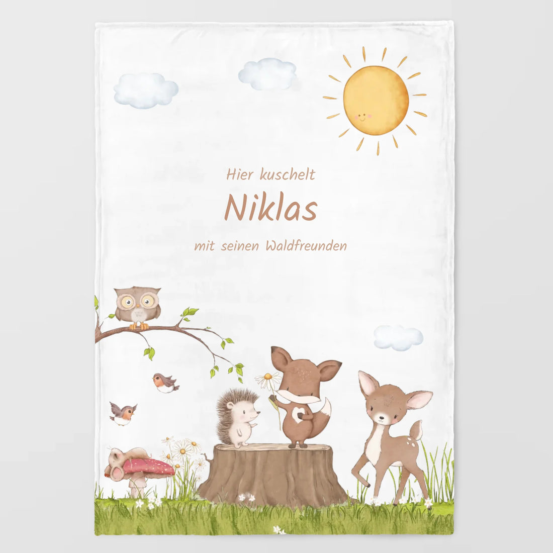 Kinderdecke Waldtiere personalisiert, Namensdecke Standarddecke weiß bedruckt 70 x 100 cm