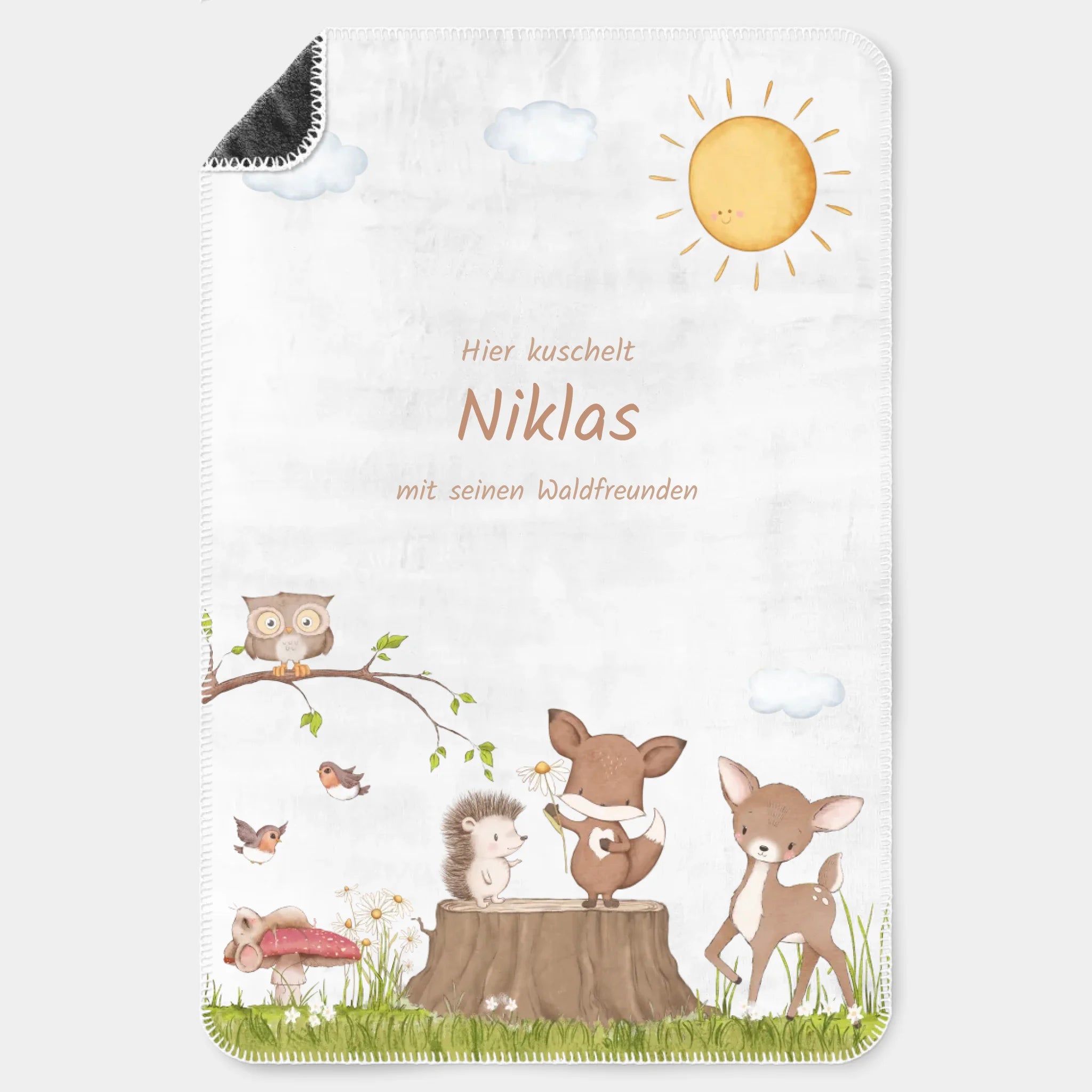 Kinderdecke Waldtiere personalisiert, Namensdecke Premiumdecke weiß bedruckt 100 x 150 cm