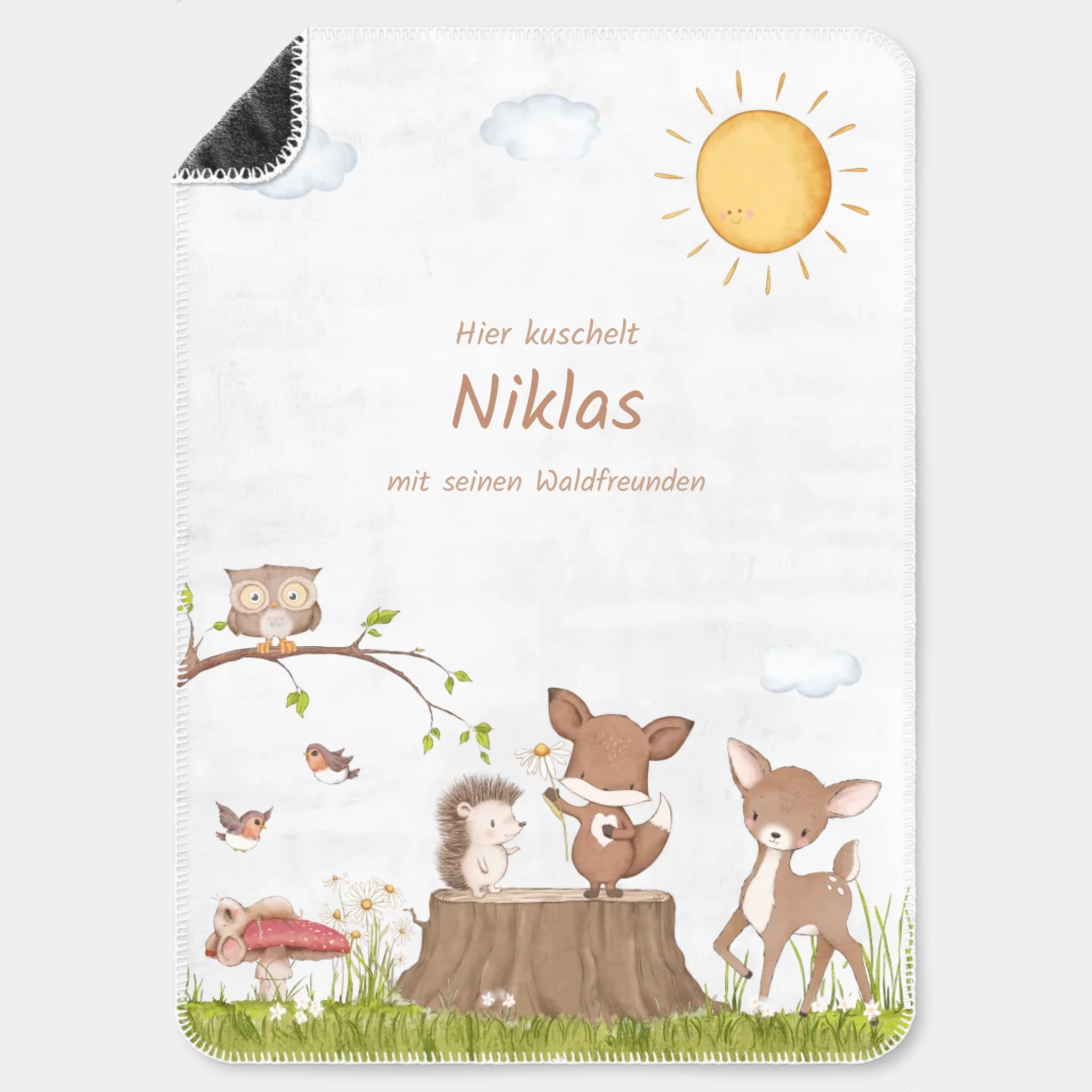 Kinderdecke Waldtiere personalisiert, Namensdecke Premiumdecke weiß bedruckt 70 x 100 cm