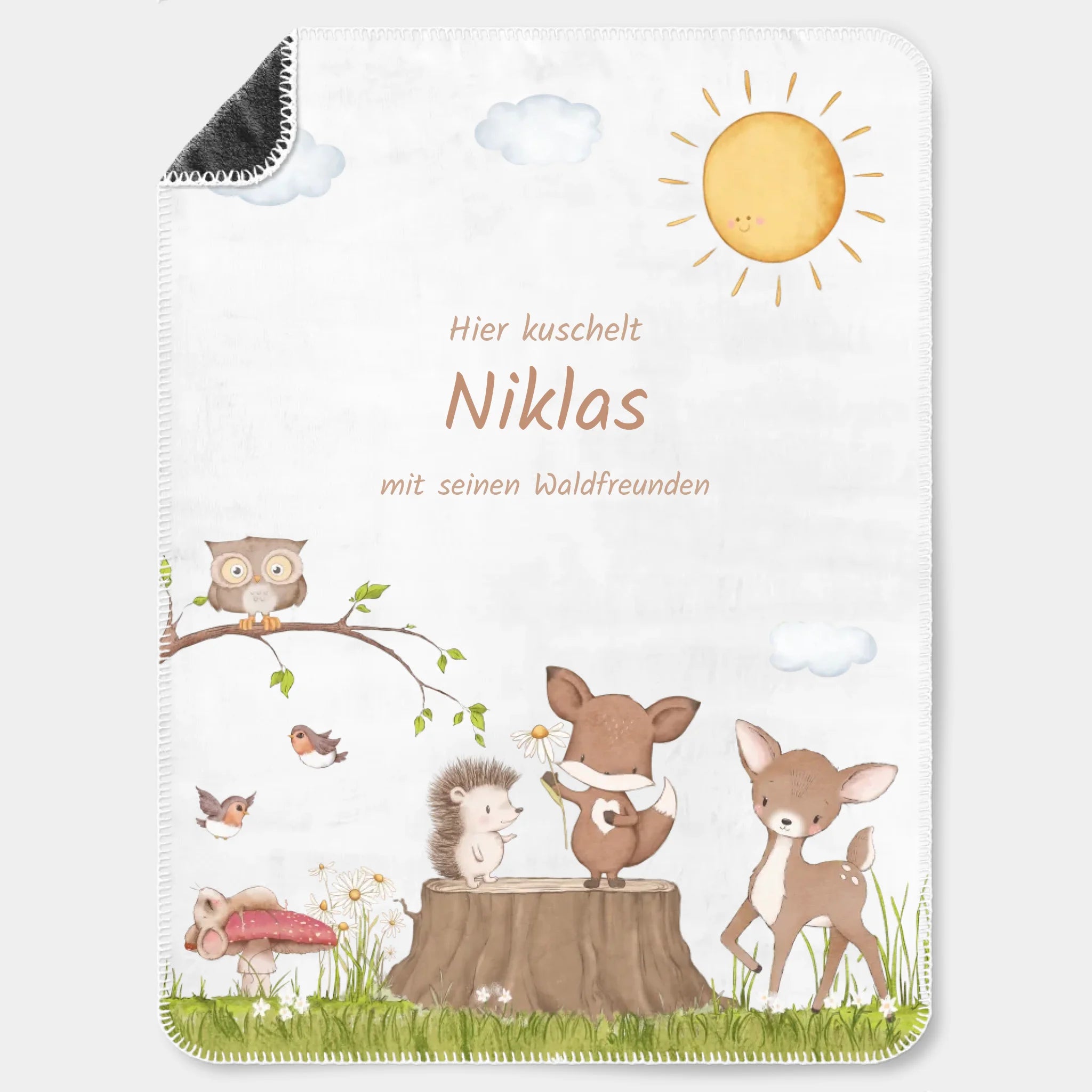 Kinderdecke Waldtiere personalisiert, Namensdecke Premiumdecke weiß bedruckt 150 x 200 cm