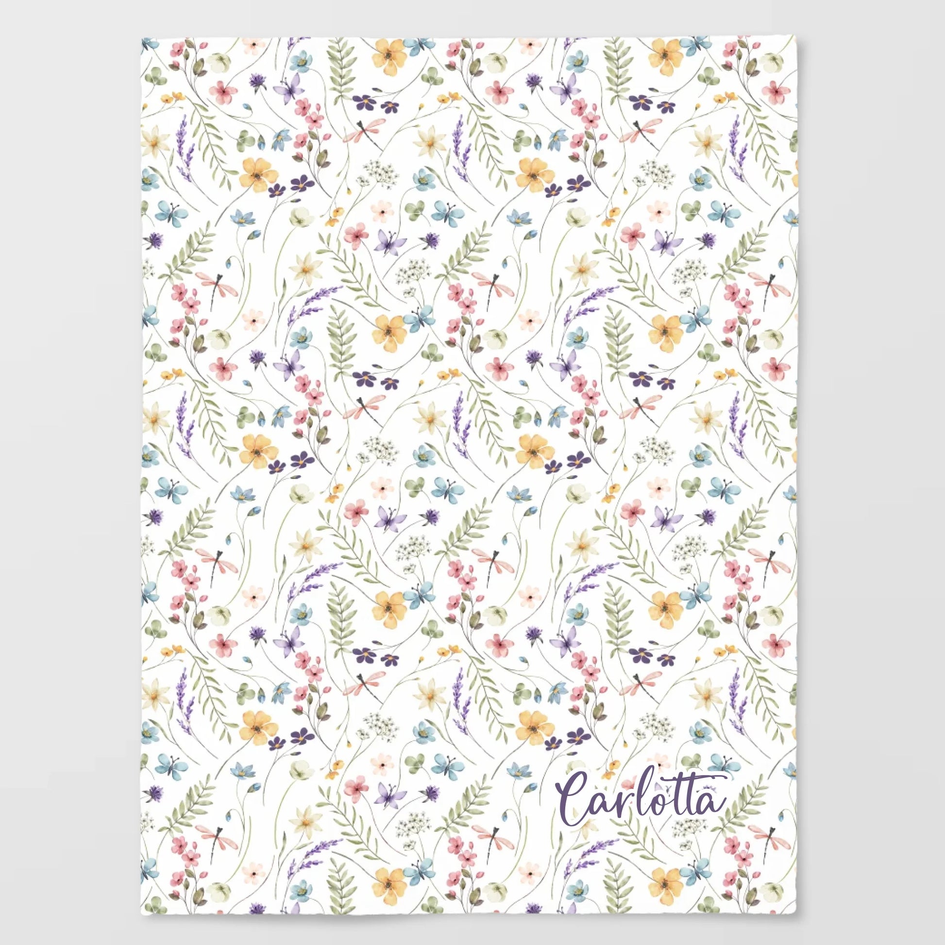 Kinderdecke Wildblumen bunt personalisiert, Namensdecke Standarddecke weiß bedruckt 150 x 200 cm