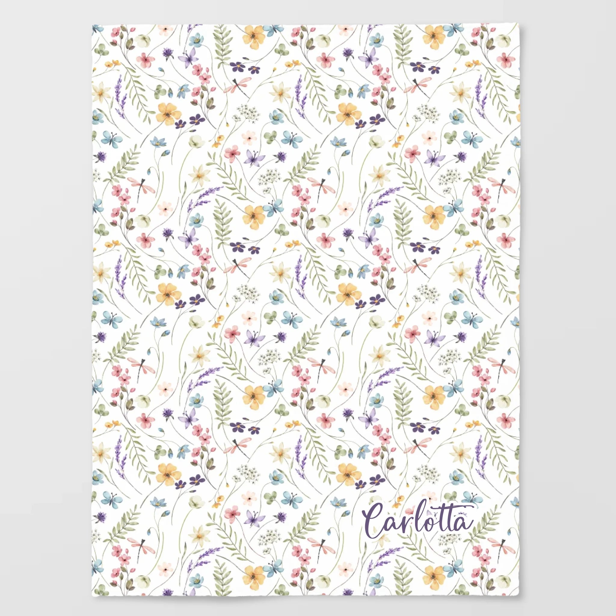 Kinderdecke Wildblumen bunt personalisiert, Namensdecke Standarddecke weiß bedruckt 150 x 200 cm