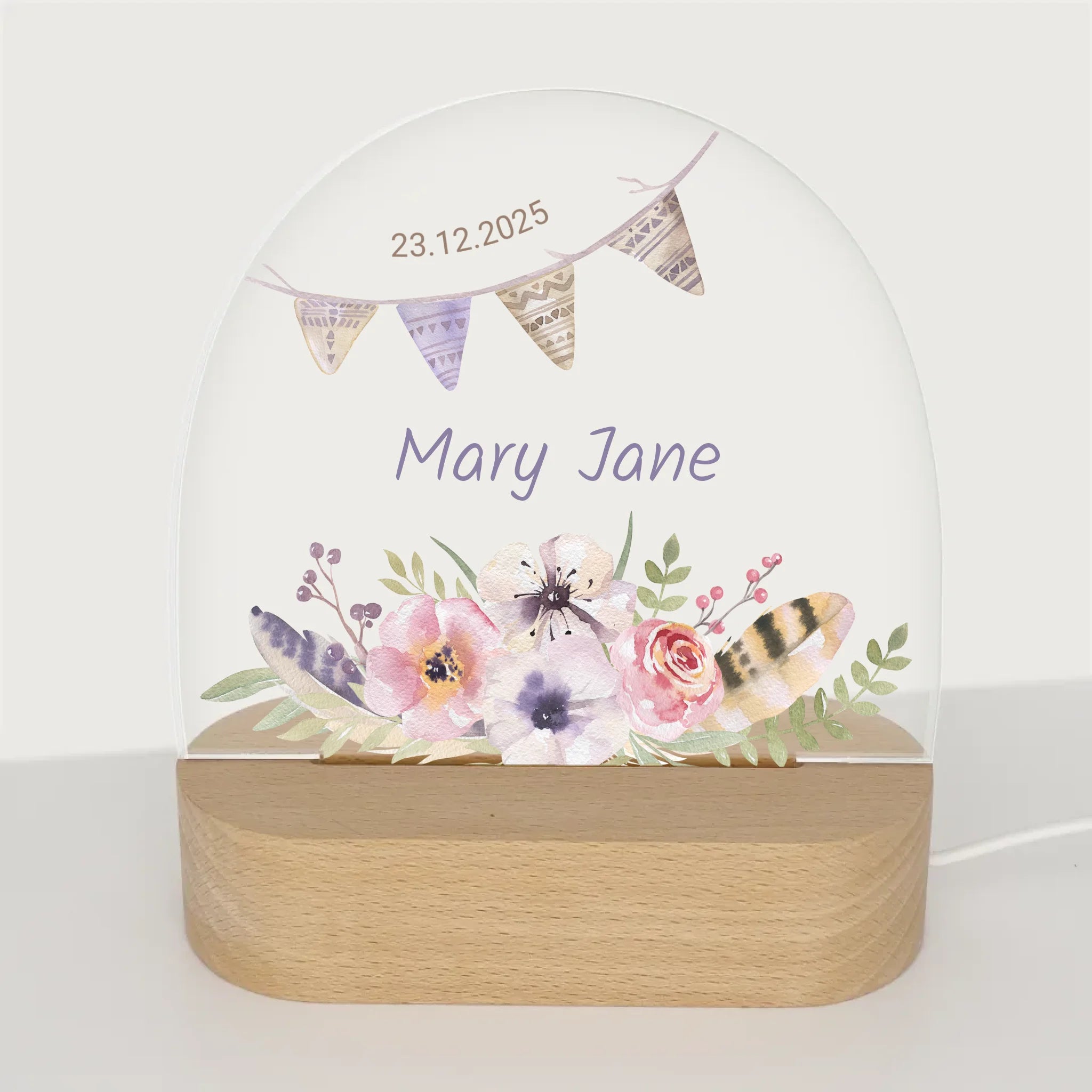 Nachtlicht Boho Blumen mit Federn personalisiert Nachtlicht oval mit Holzständer und LED-Licht BxHxT ca. 14,5 x 16 x 6 cm 4 mm Acrylglas & Buchenholzständer