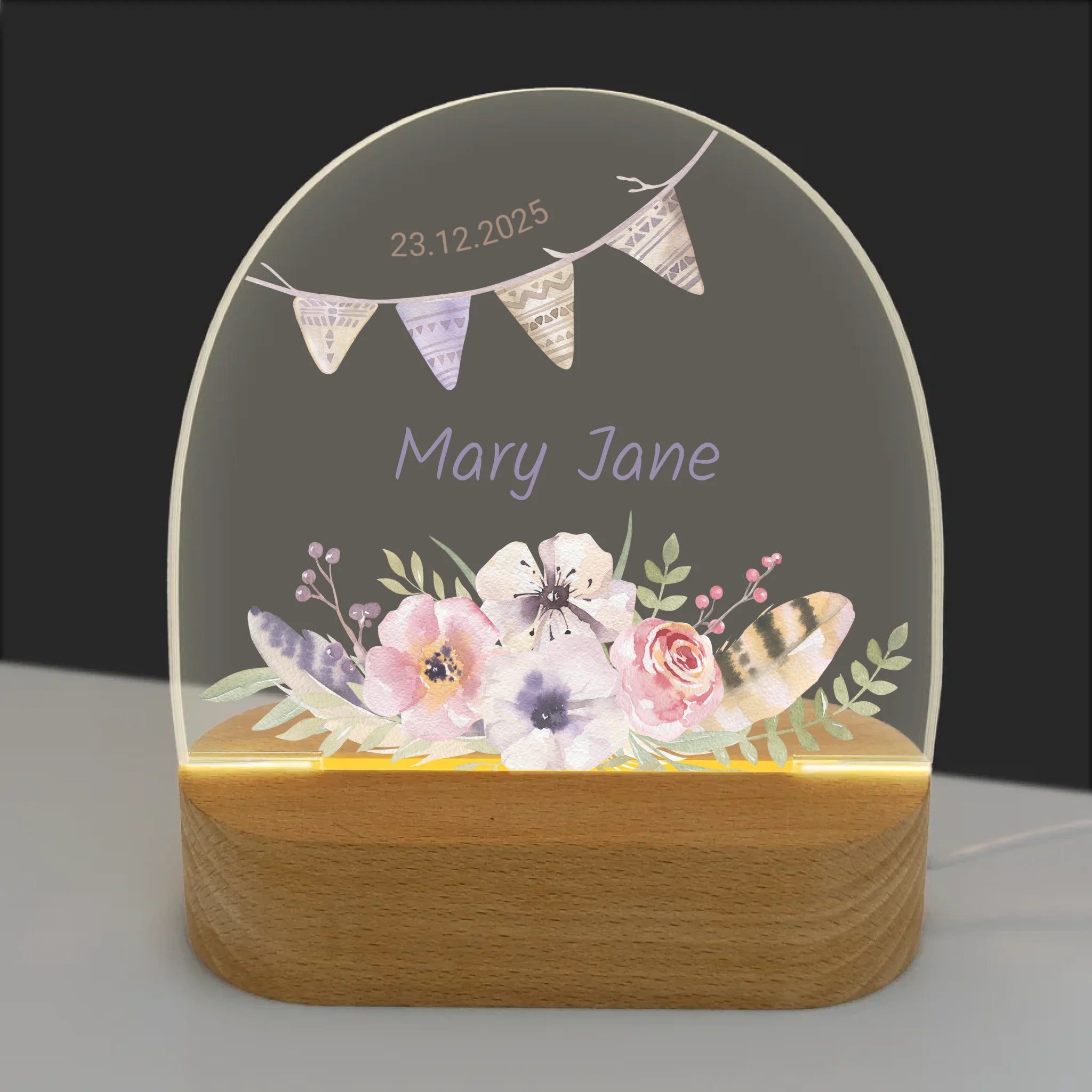 Nachtlicht Boho Blumen mit Federn personalisiert