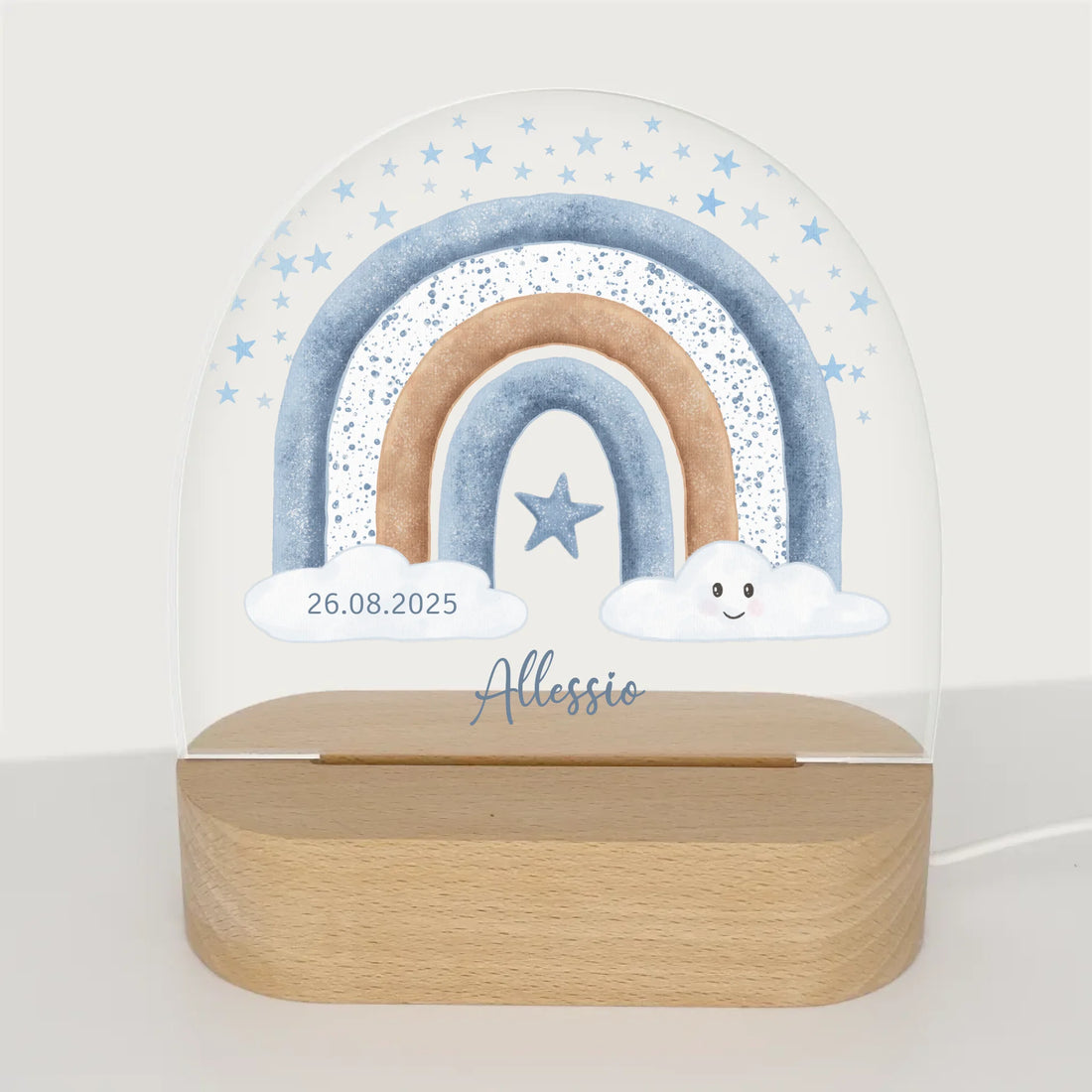 Nachtlicht Regenbogen mit Sterne personalisiert Nachtlicht oval mit Holzständer und LED-Licht BxHxT ca. 14,5 x 16 x 6 cm 4 mm Acrylglas & Buchenholzständer