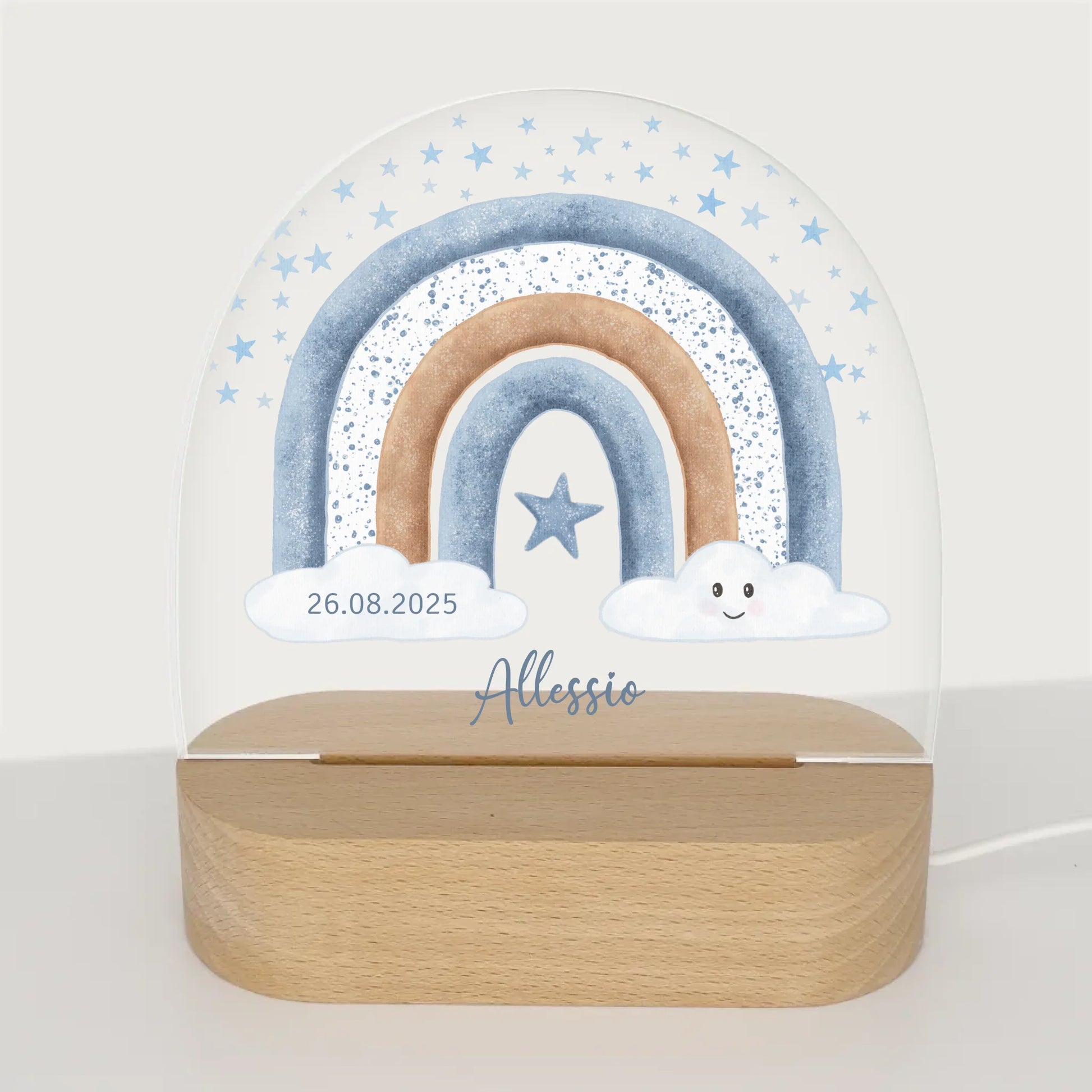 Nachtlicht Regenbogen mit Sterne personalisiert Nachtlicht oval mit Holzständer und LED-Licht BxHxT ca. 14,5 x 16 x 6 cm 4 mm Acrylglas & Buchenholzständer