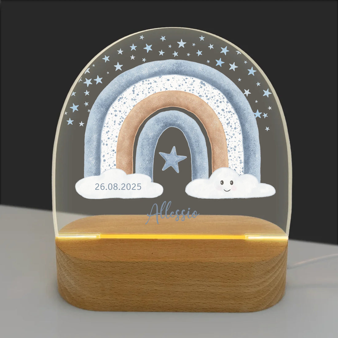 Nachtlicht Regenbogen mit Sterne personalisiert Nachtlicht oval mit Holzständer und LED-Licht BxHxT ca. 14,5 x 16 x 6 cm 4 mm Acrylglas & Buchenholzständer