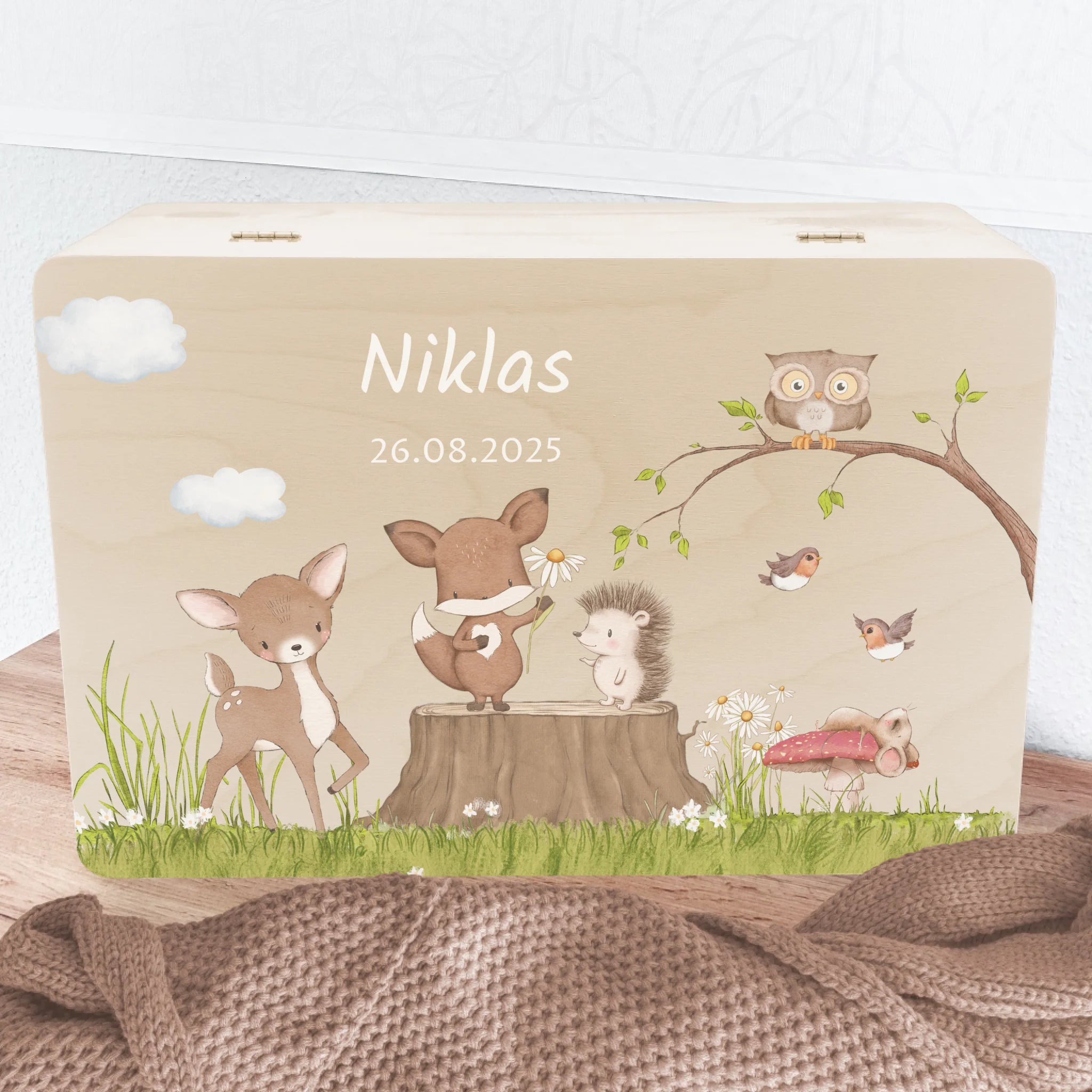Erinnerungsbox Waldtiere, personalisiert 30,0 x 20,0 x 13,0 cm Fichten- u. Birkenholz Erinnerungsbox