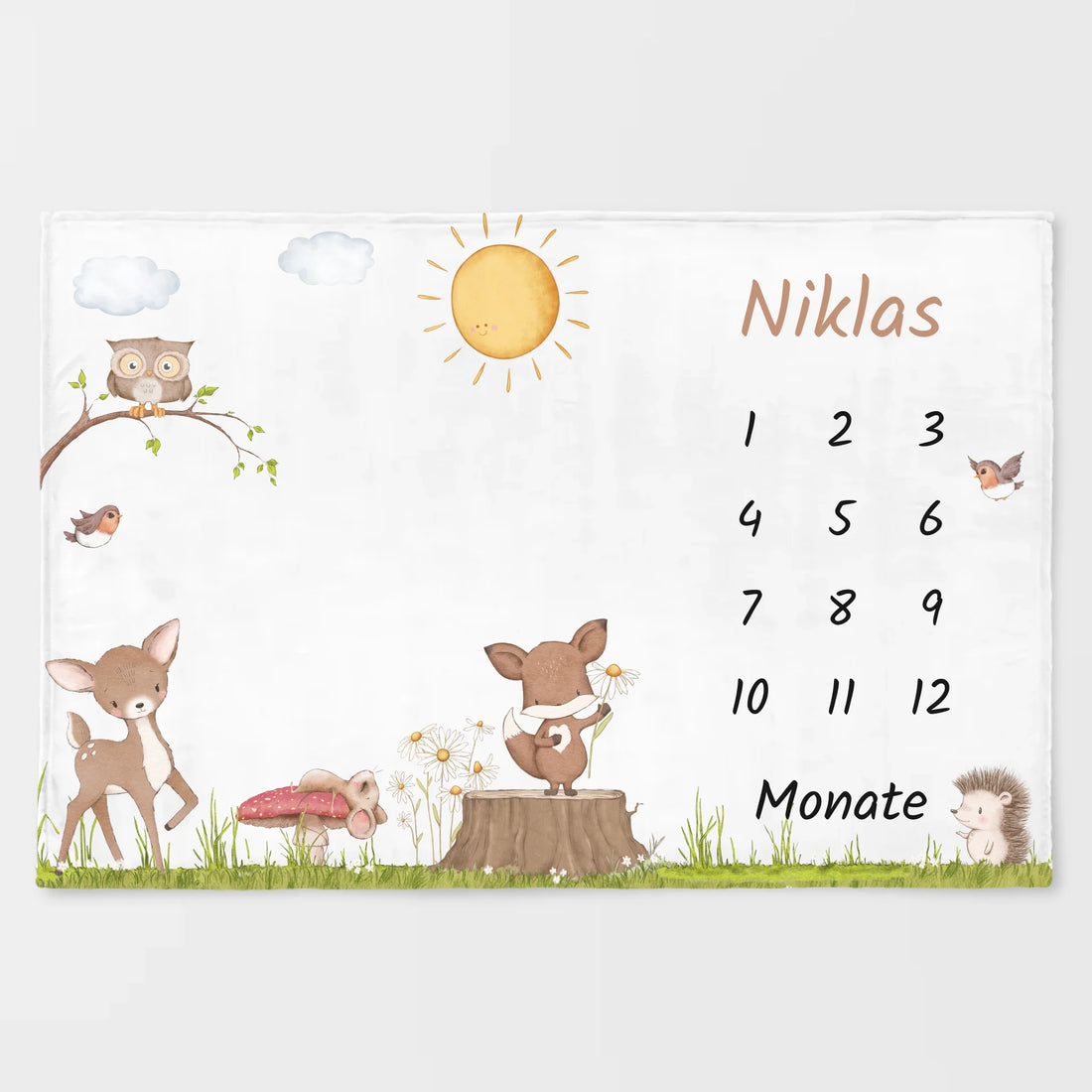 Meilensteindecke Waldtiere personalisiert, Kinderdecke Meilensteindecke Standard weiß bedruckt 150 x 100 cm