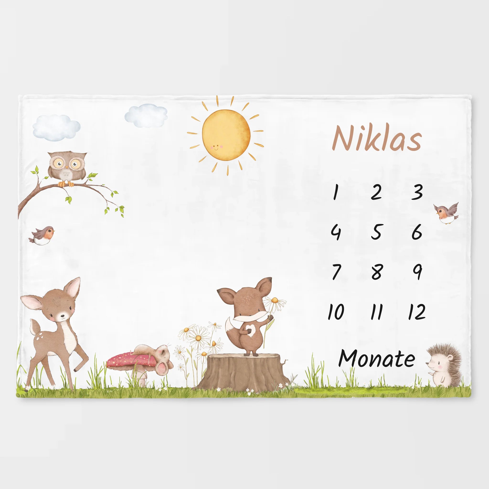 Meilensteindecke Waldtiere personalisiert, Kinderdecke Meilensteindecke Standard weiß bedruckt 150 x 100 cm
