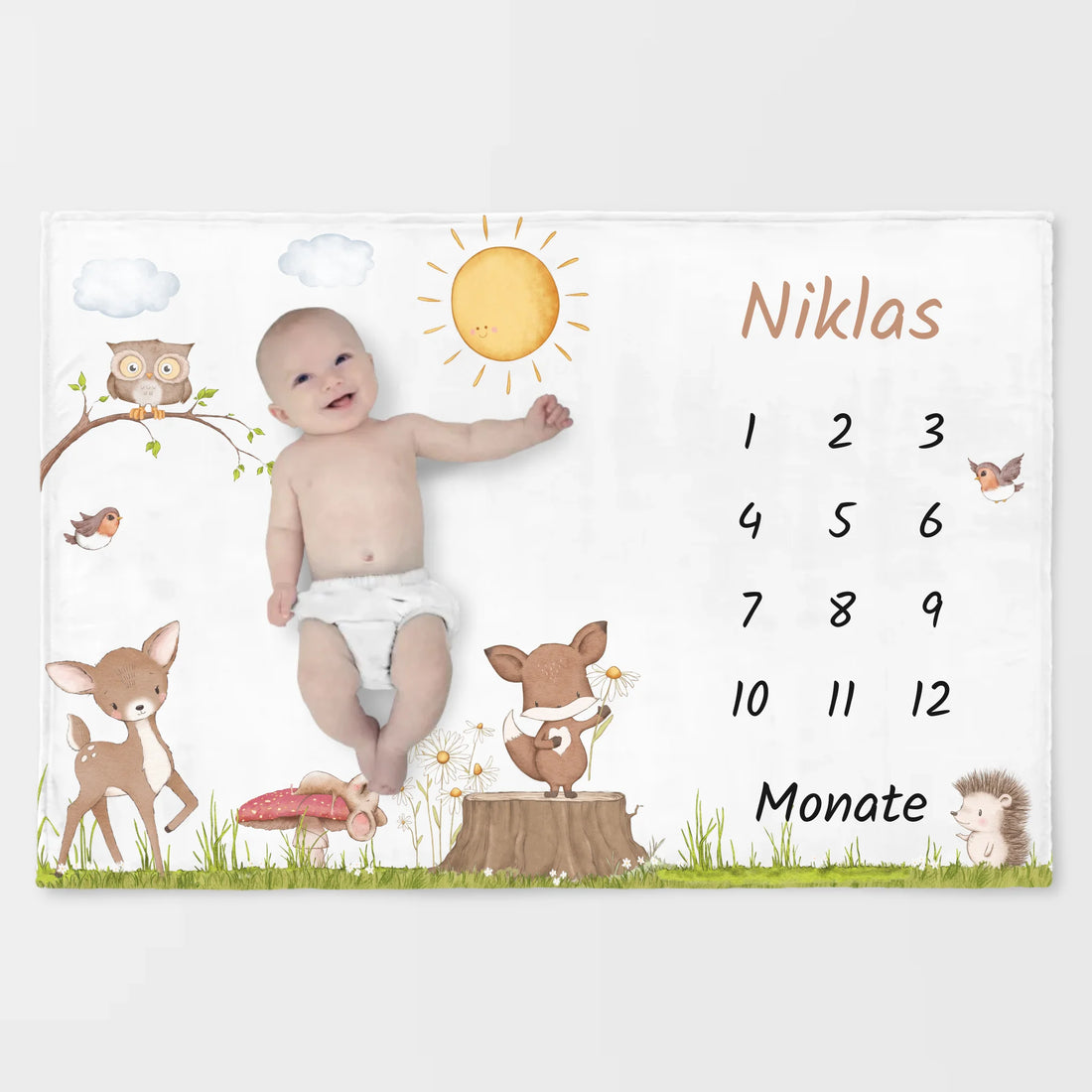 Meilensteindecke Waldtiere personalisiert, Kinderdecke Meilensteindecke Standard weiß bedruckt 150 x 100 cm
