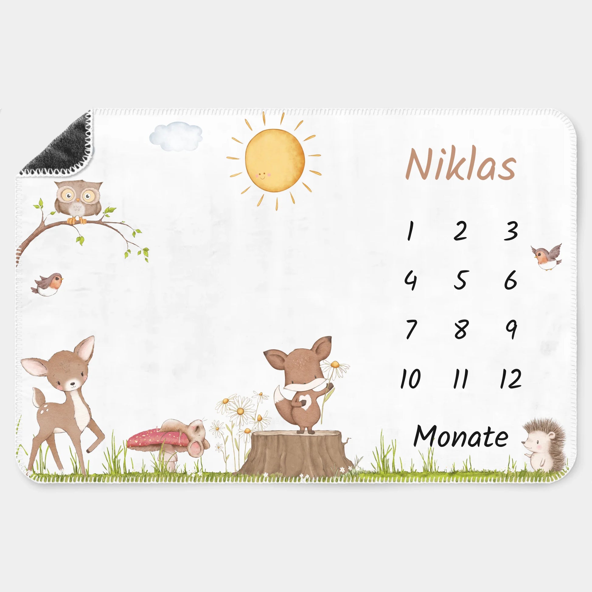 Meilensteindecke Waldtiere personalisiert, Kinderdecke Meilensteindecke Premium weiß bedruckt 150 x 100 cm
