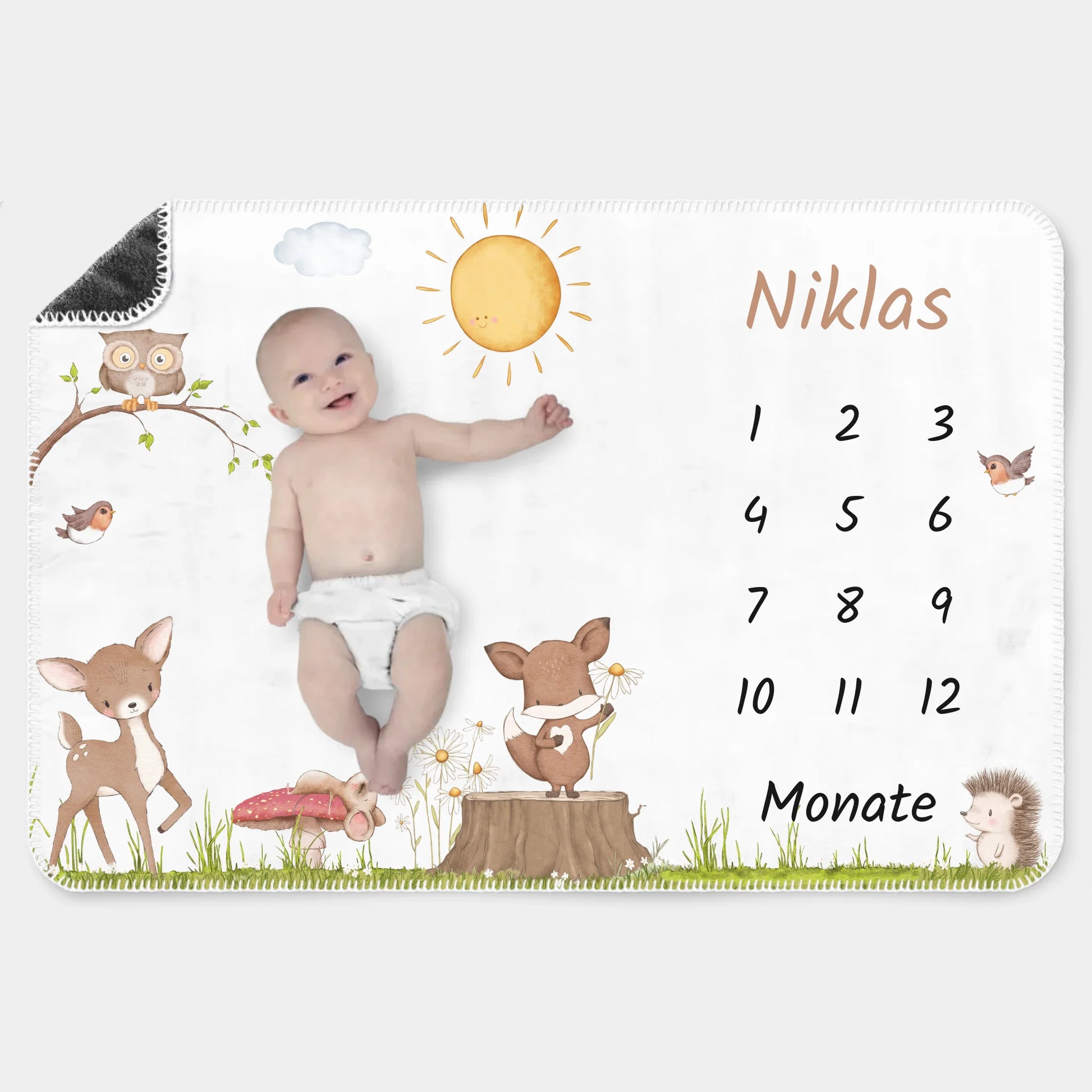 Meilensteindecke Waldtiere personalisiert, Kinderdecke