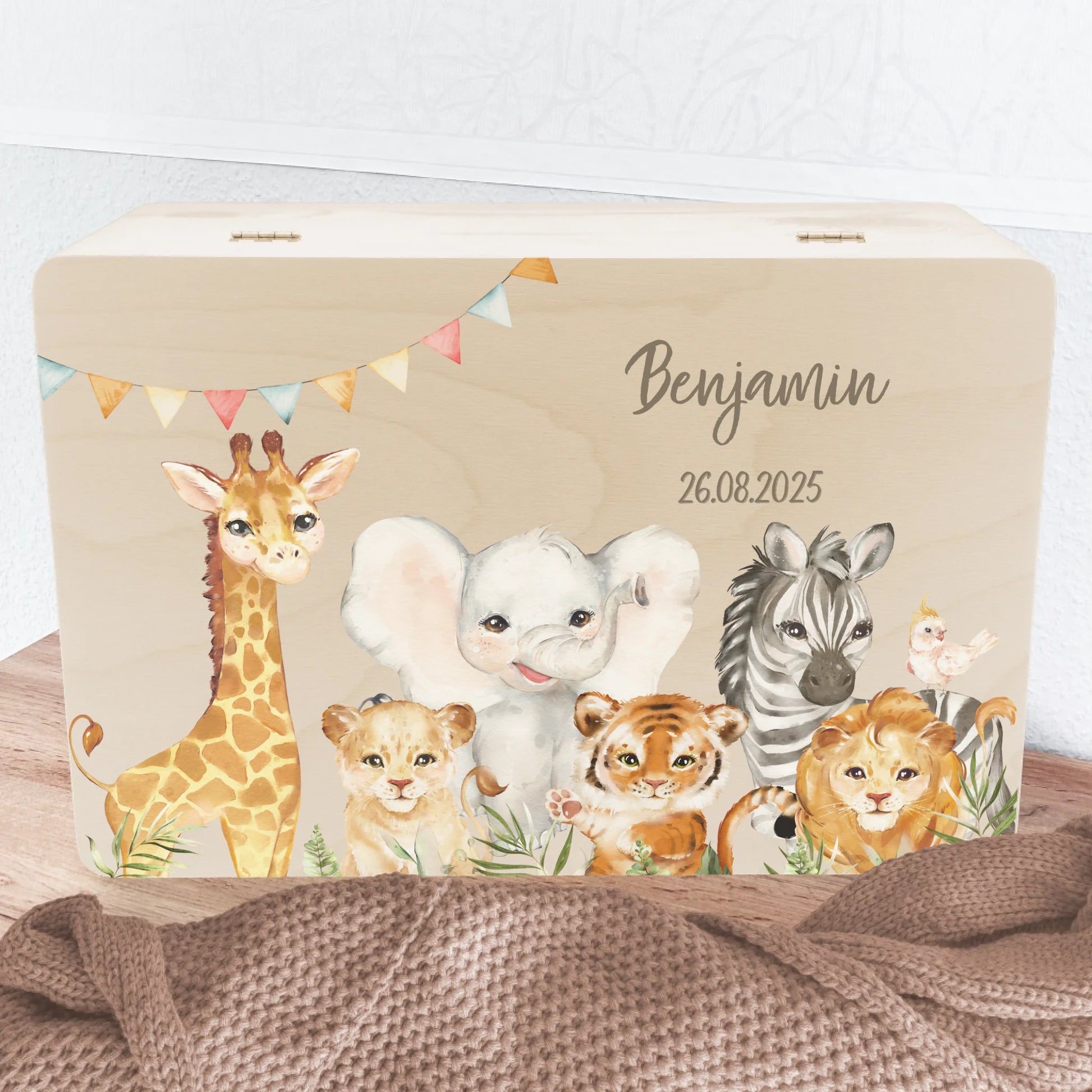 Erinnerungskiste, Safaritiere personalisiert Erinnerungsbox Fichten- u. Birkenholz 30,0 x 20,0 x 13,0 cm
