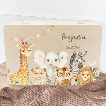 Erinnerungskiste, Safaritiere personalisiert Erinnerungsbox Fichten- u. Birkenholz 30,0 x 20,0 x 13,0 cm