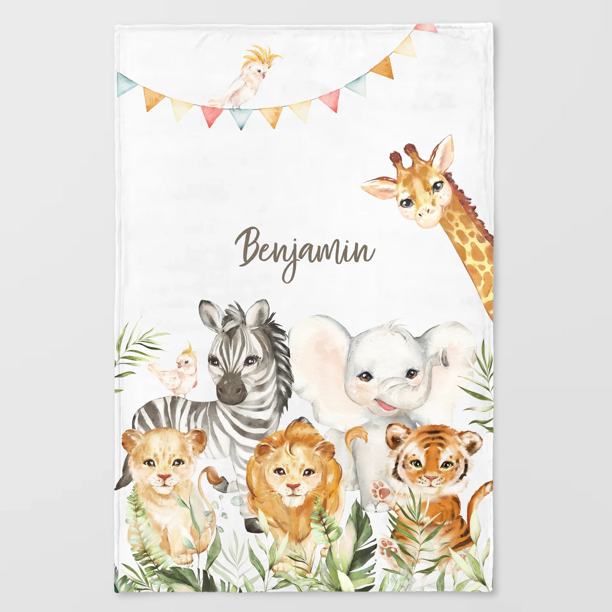 Kinderdecke Safaritiere personalisiert, Namensdecke Standarddecke weiß bedruckt 100 x 150 cm