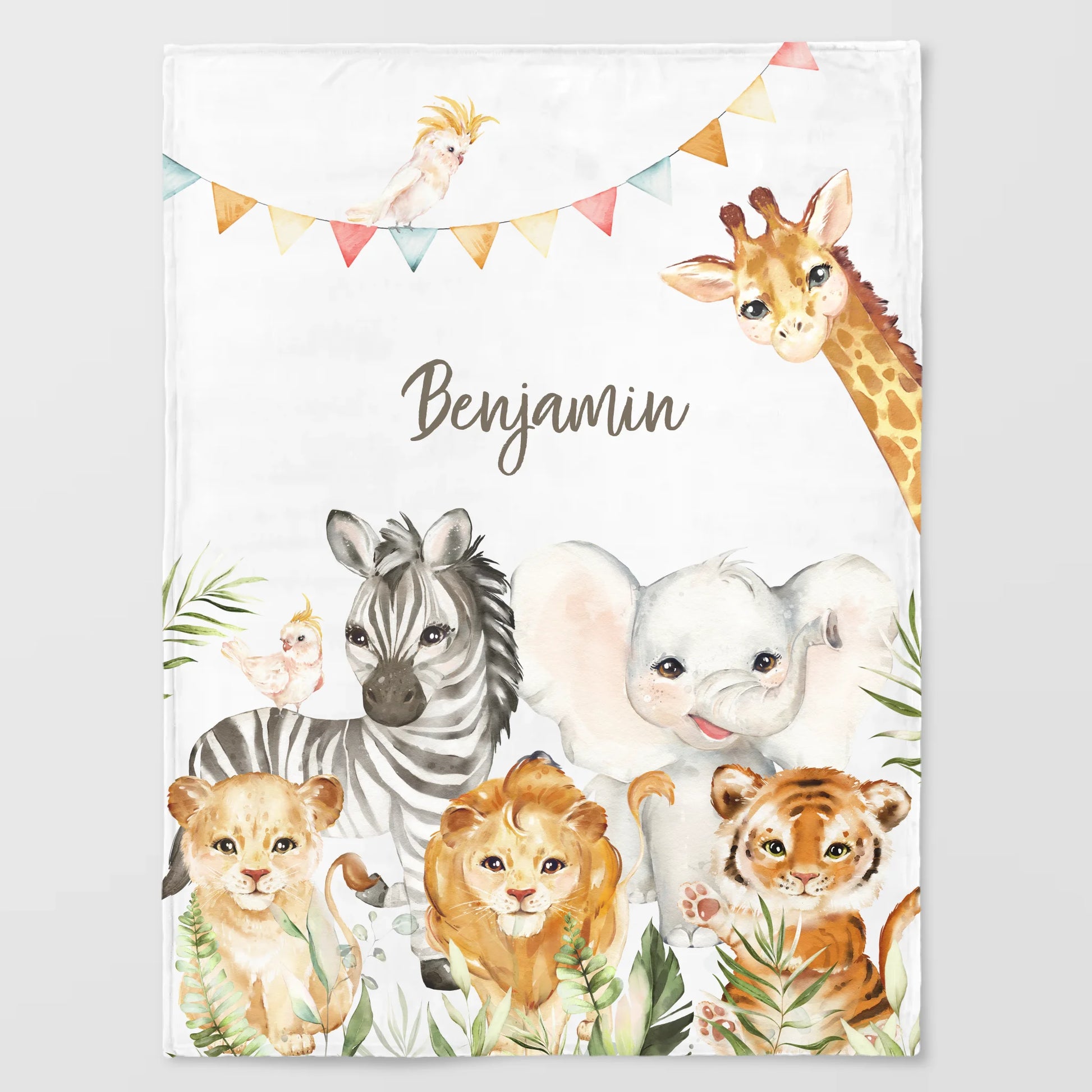 Kinderdecke Safaritiere personalisiert, Namensdecke Standarddecke weiß bedruckt 150 x 200 cm