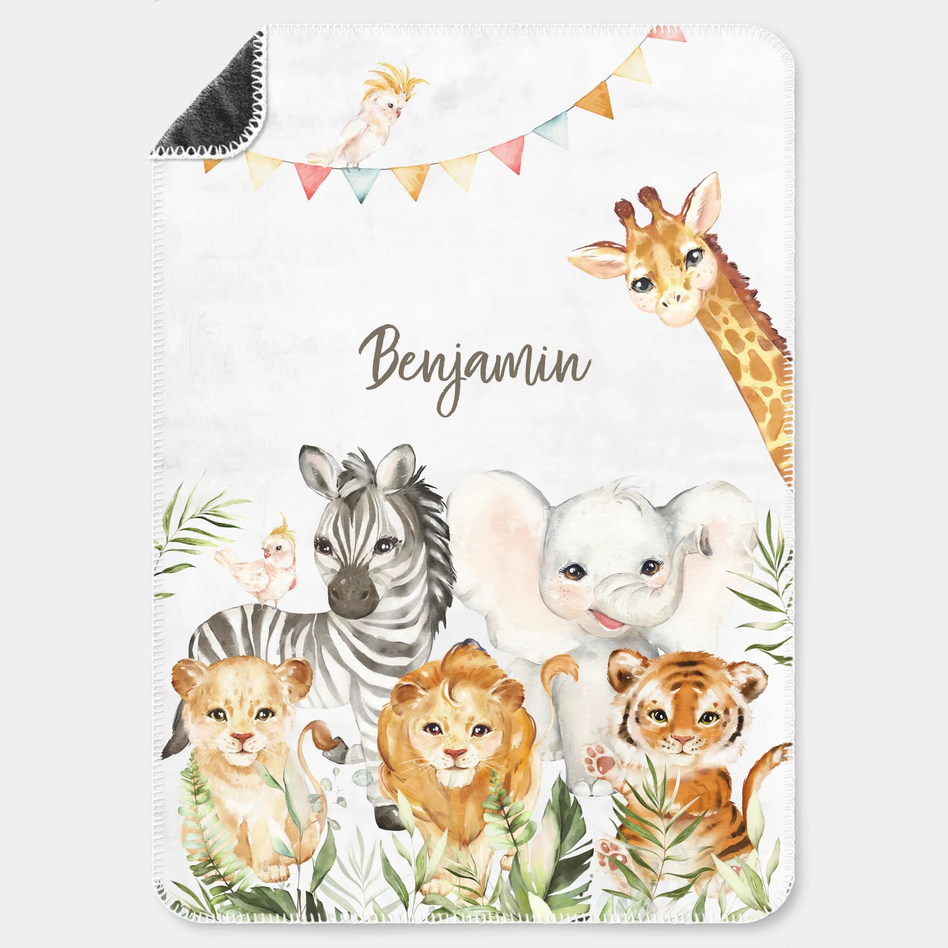 Kinderdecke Safaritiere personalisiert, Namensdecke Premiumdecke weiß bedruckt 70 x 100 cm